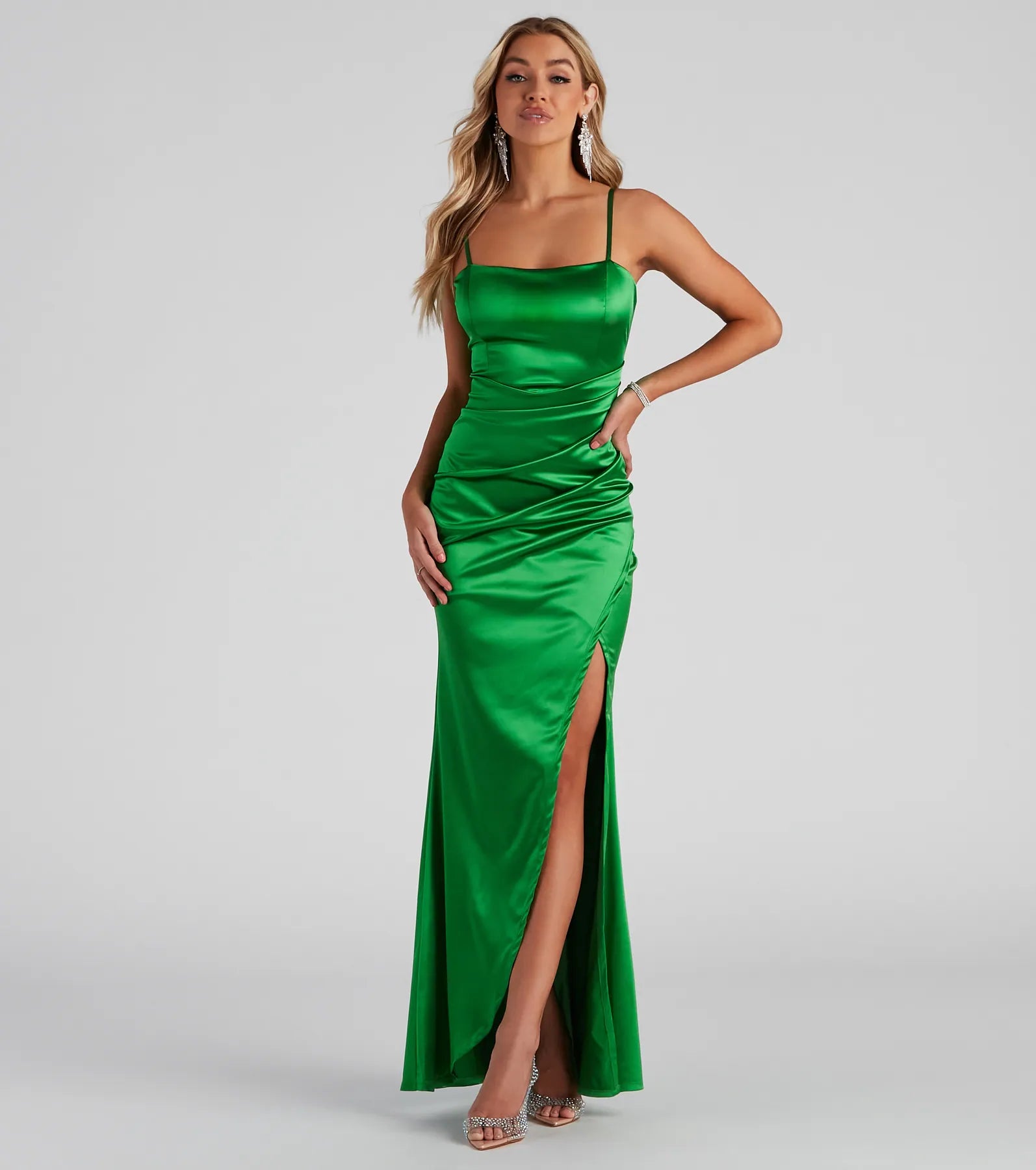 Evie Formal Ruched Satin Sleeveless Dress - EMERALD
