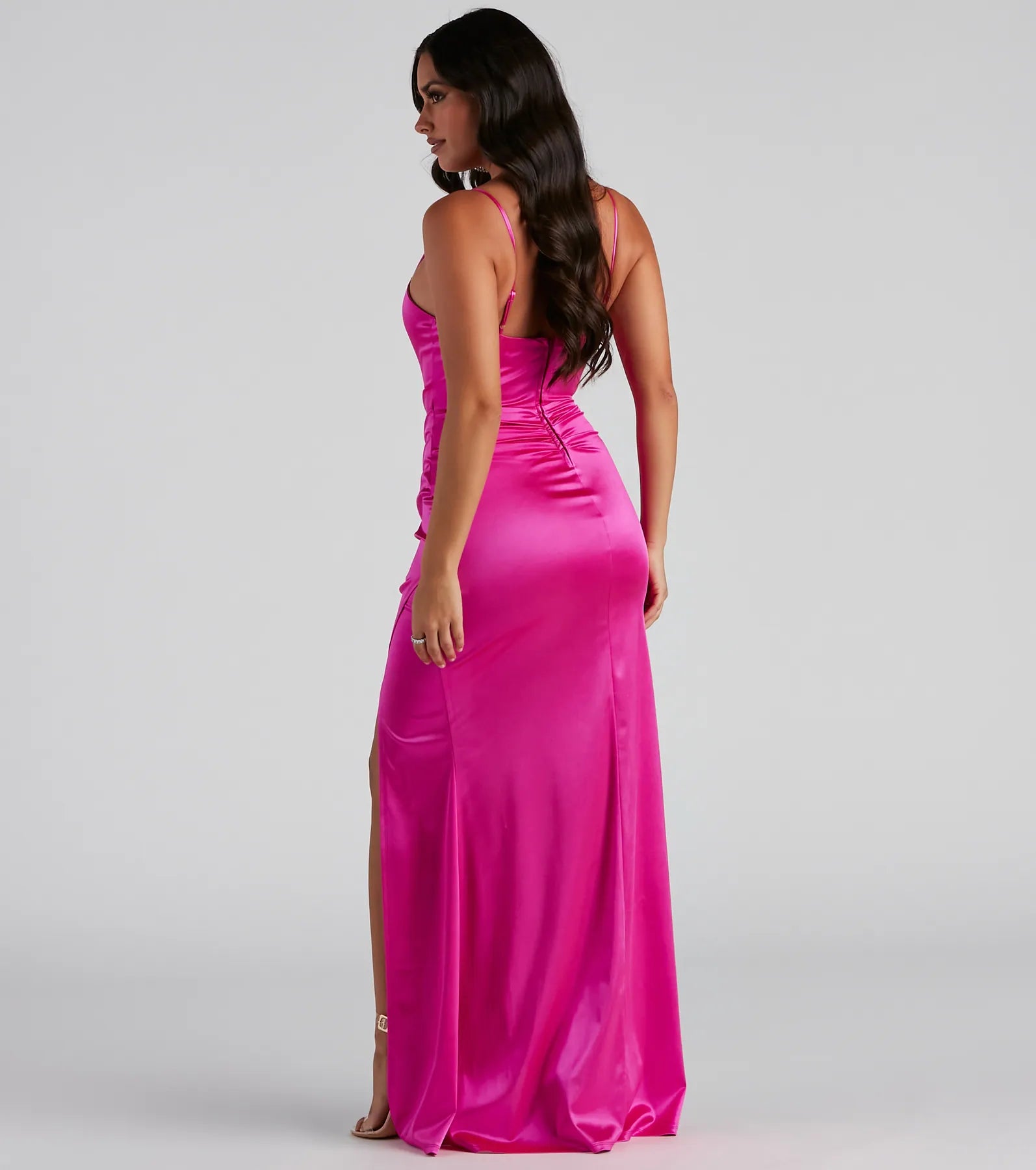 Evie Formal Ruched Satin Sleeveless Dress - FUCHSIA