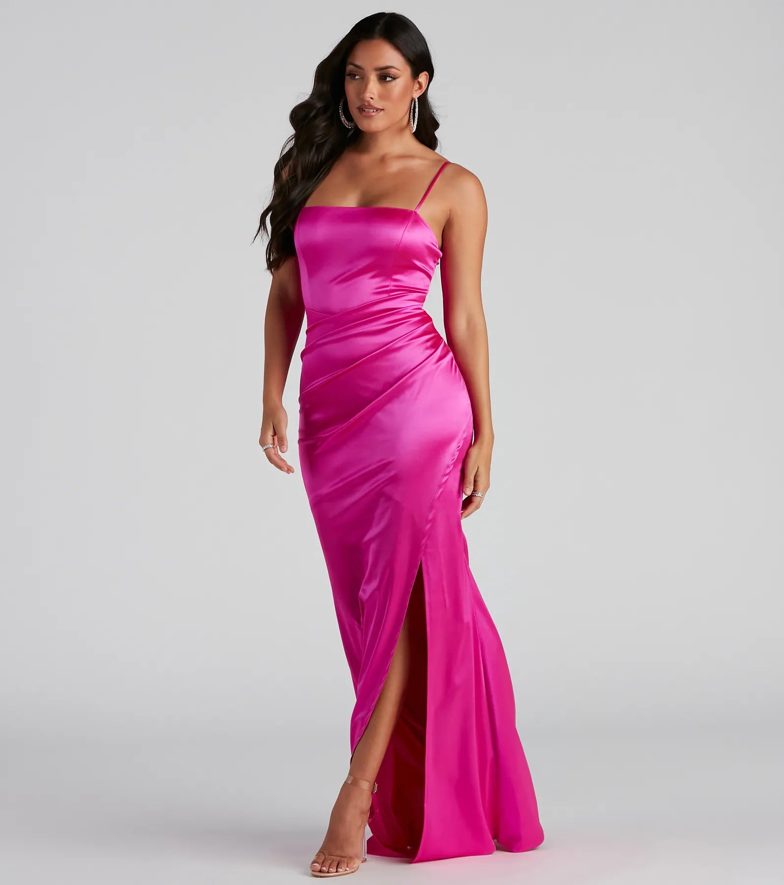 Evie Formal Ruched Satin Sleeveless Dress - FUCHSIA