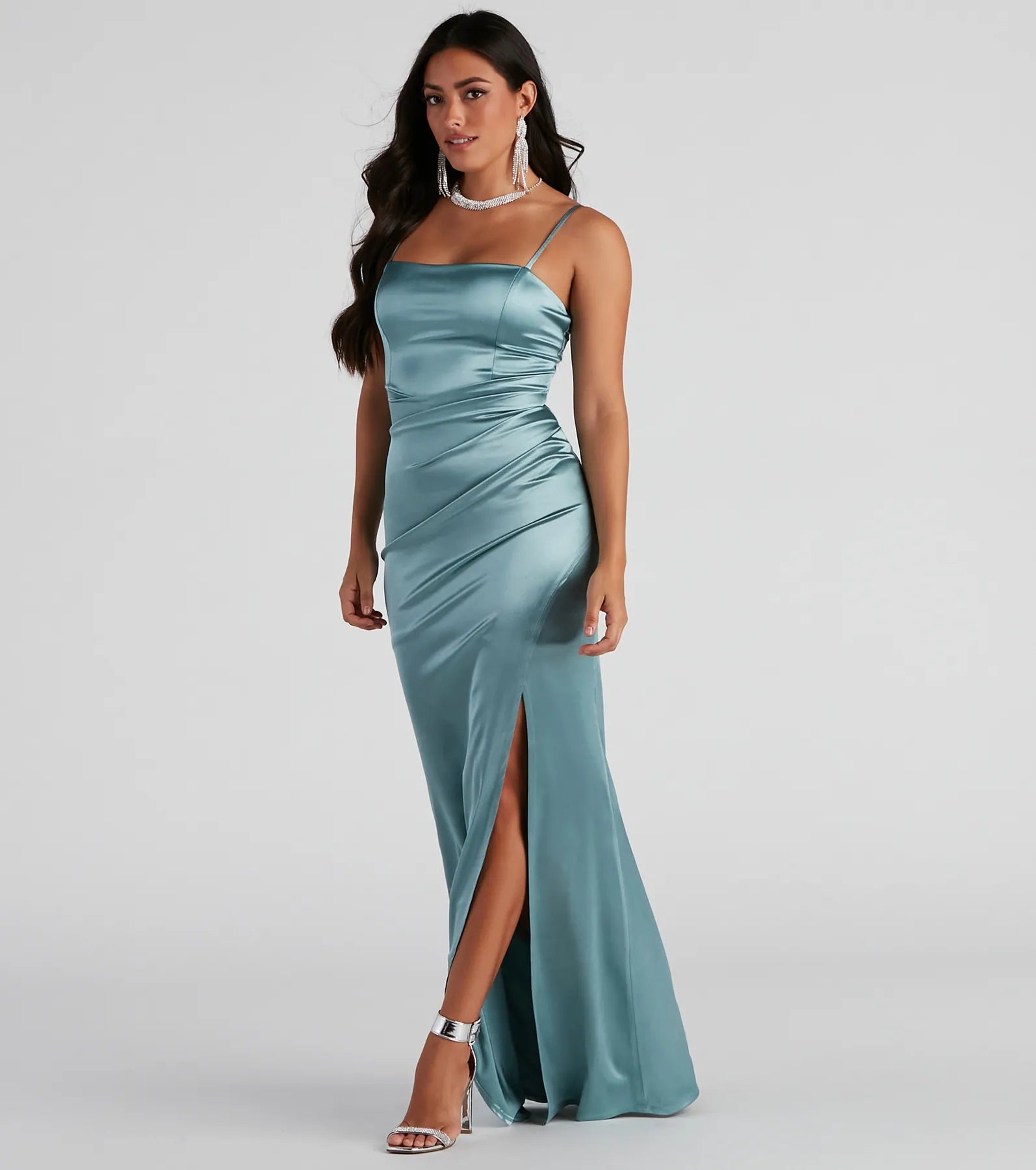 Evie Formal Ruched Satin Sleeveless Dress - SEA FOAM