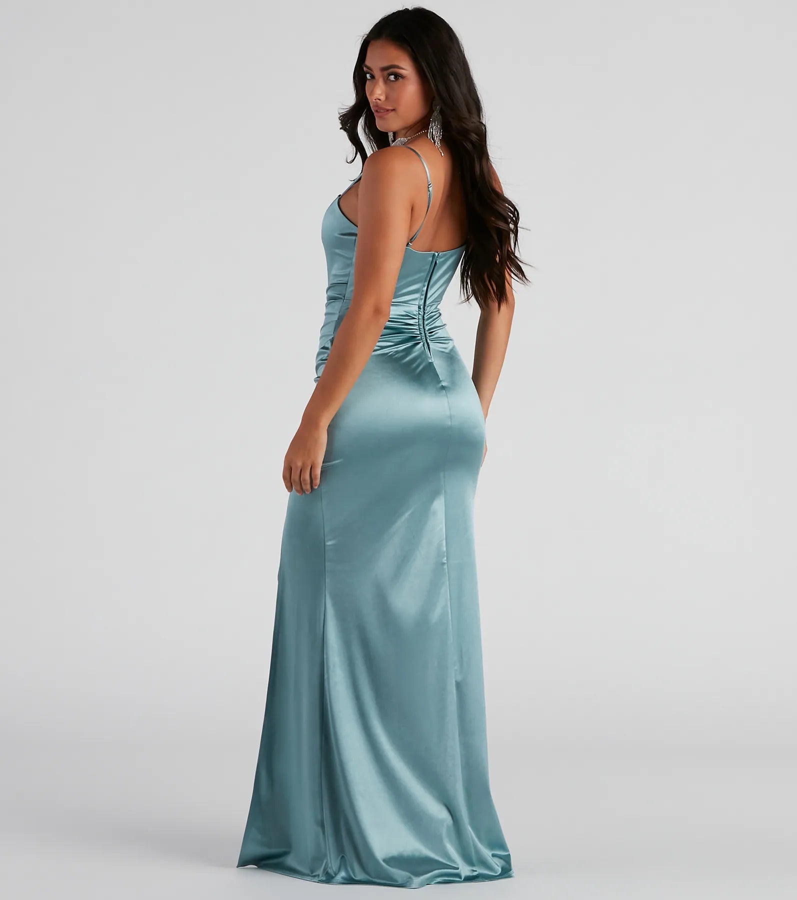 Evie Formal Ruched Satin Sleeveless Dress - SEA FOAM