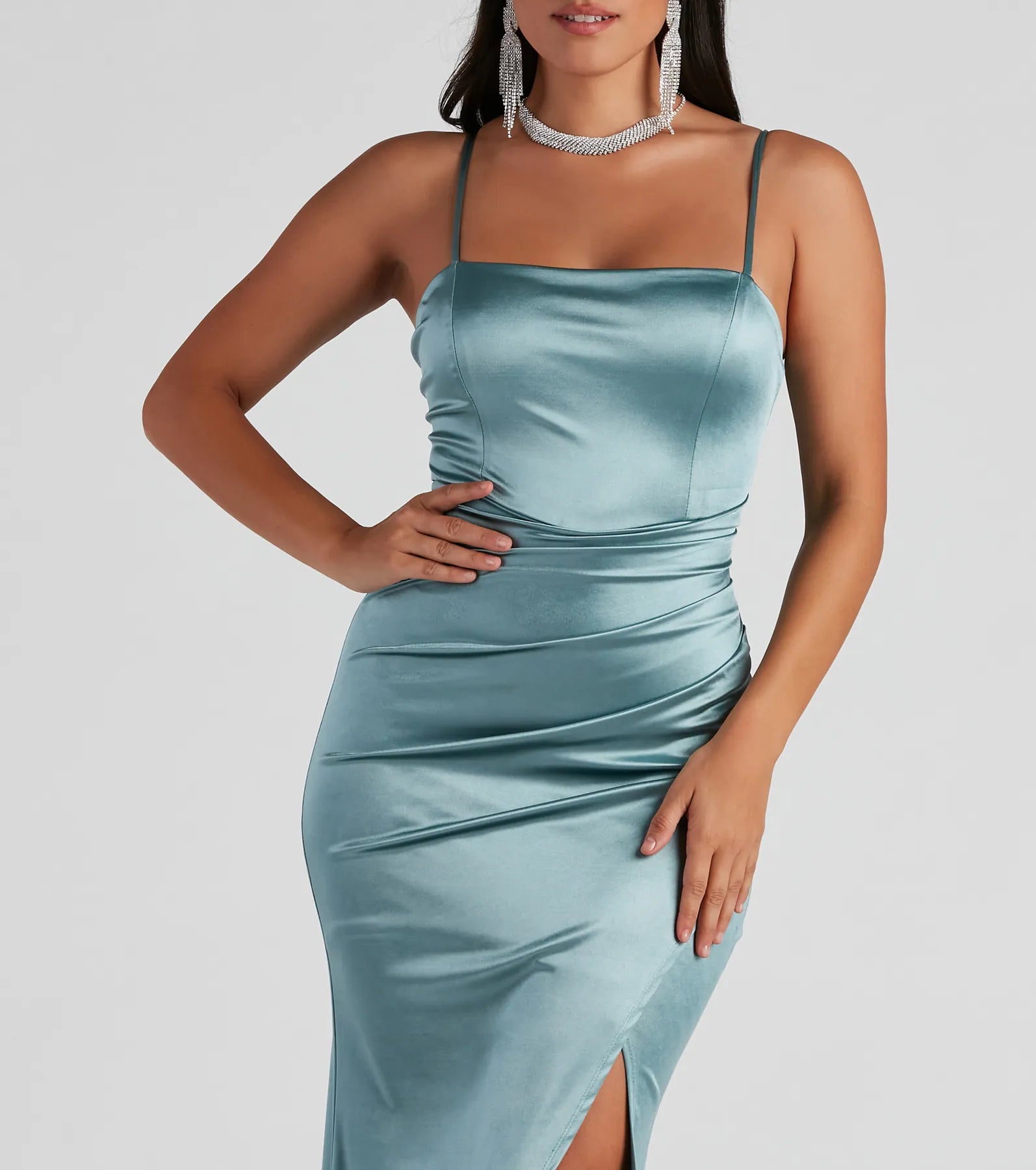 Evie Formal Ruched Satin Sleeveless Dress - SEA FOAM