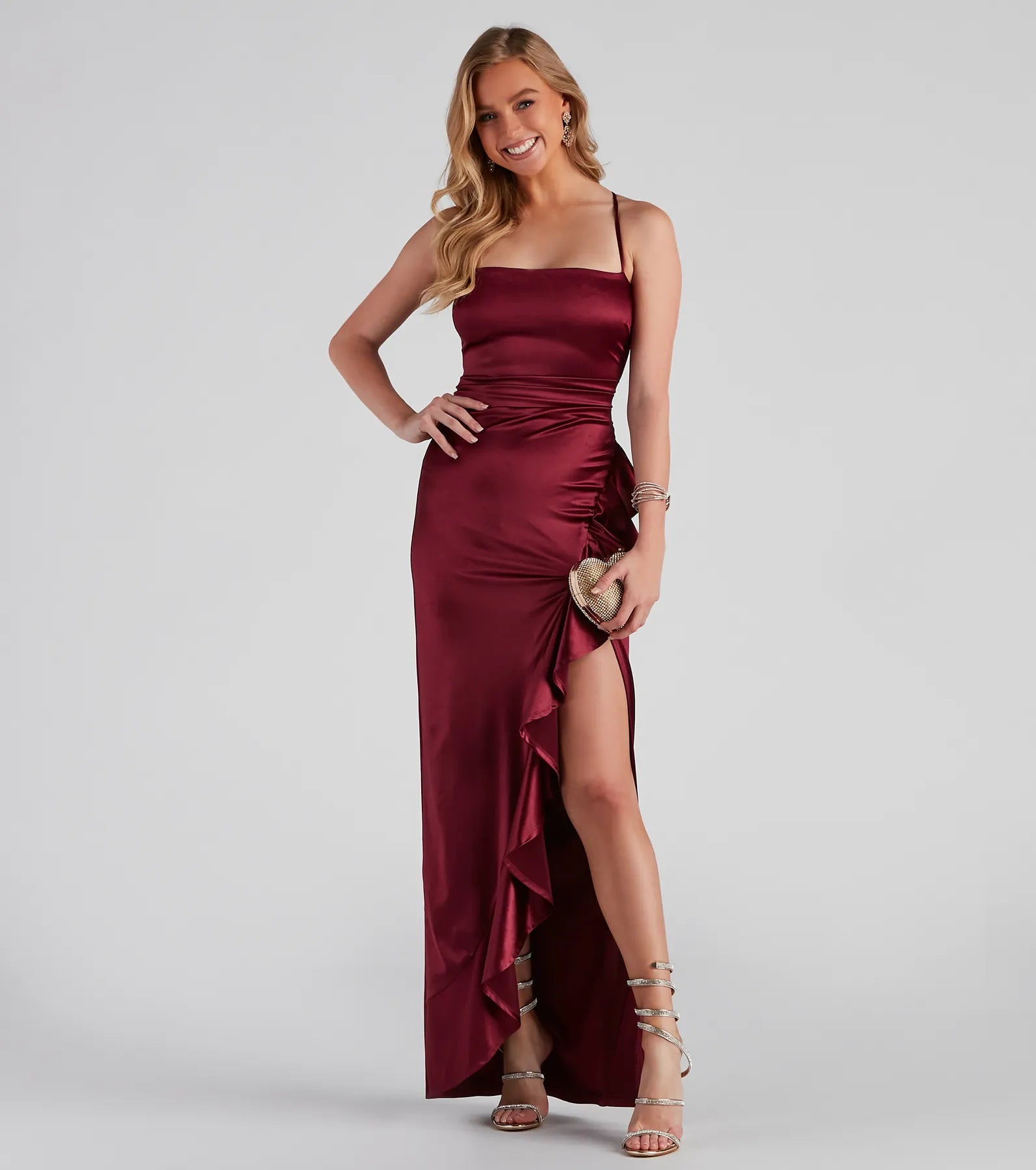 Jane Formal High Slit Satin Dress - WINE