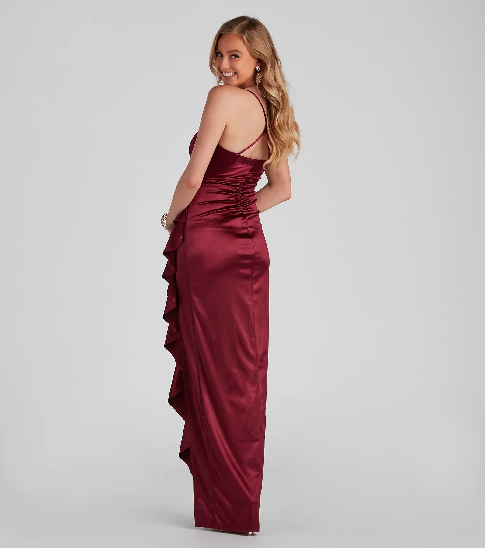 Jane Formal High Slit Satin Dress - WINE