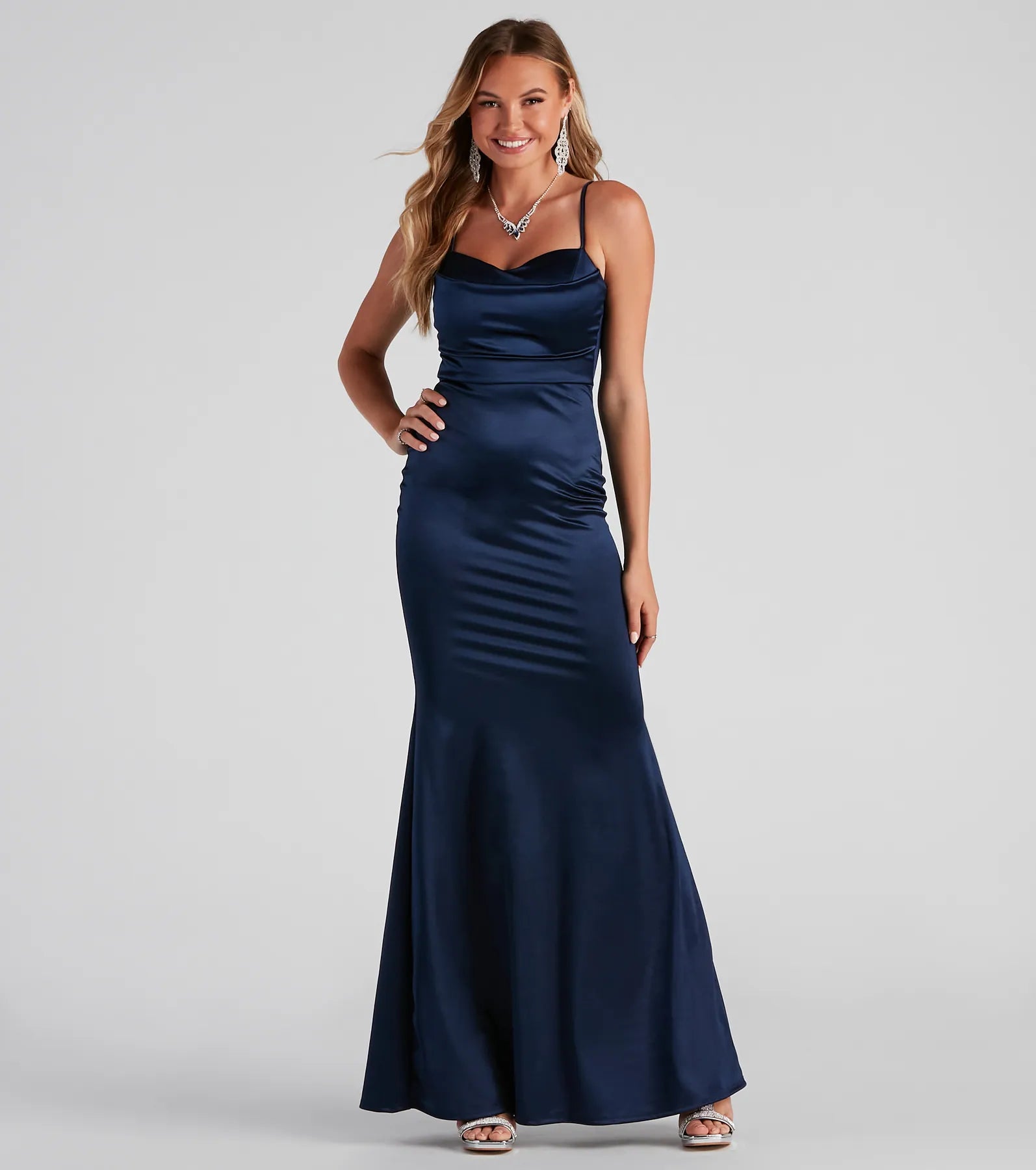 Ciara Sleeveless Satin Formal Dress - NAVY