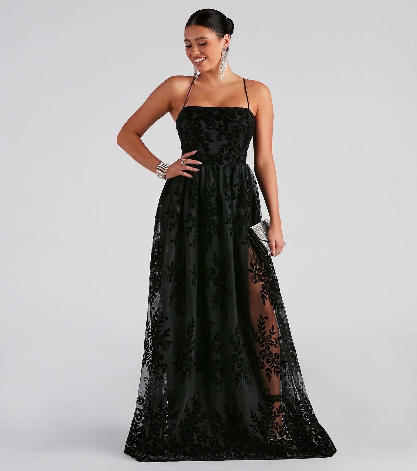 Desiree Formal Flocked Mesh Dress - BLACK