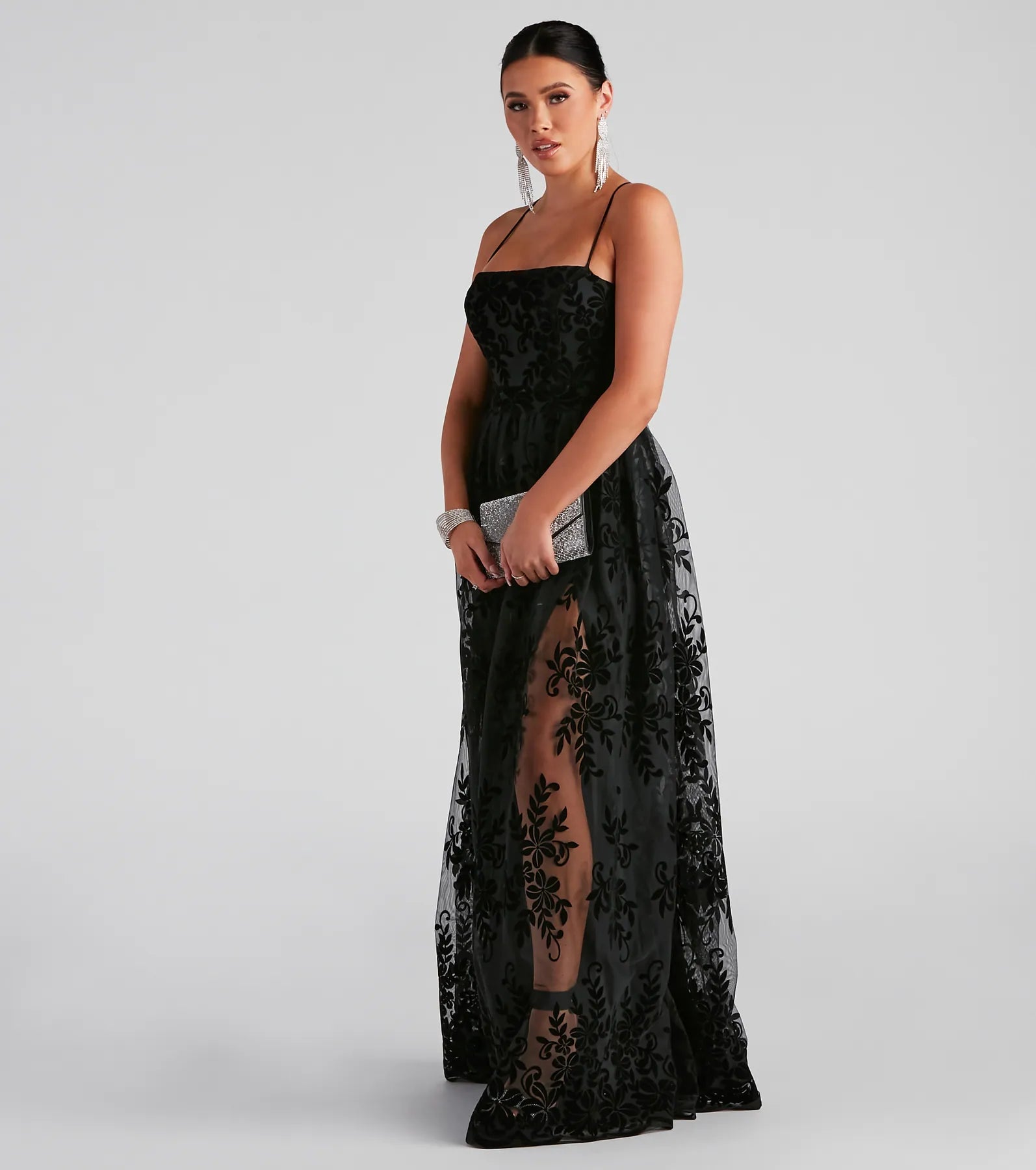 Desiree Formal Flocked Mesh Dress - BLACK