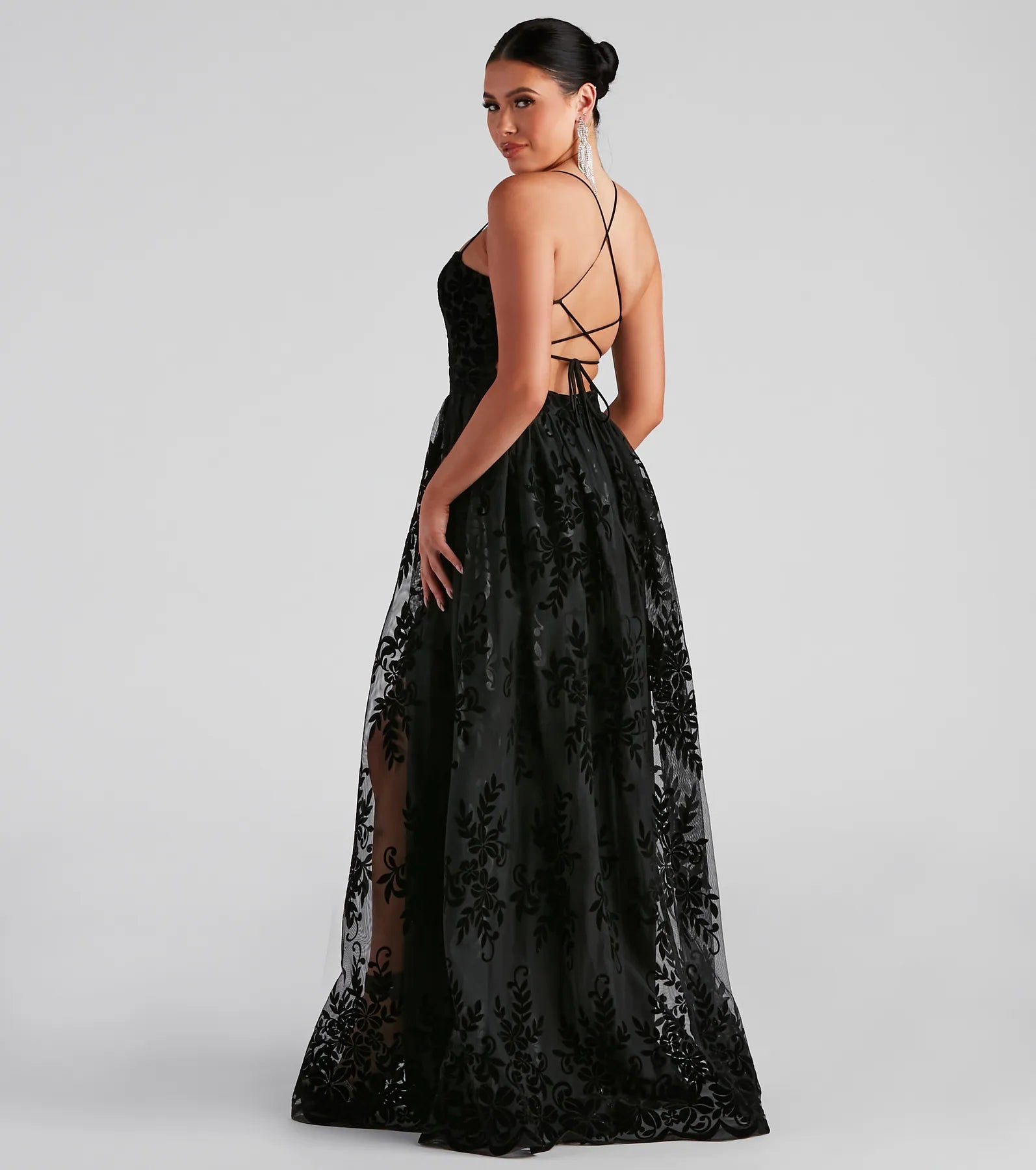 Desiree Formal Flocked Mesh Dress - BLACK