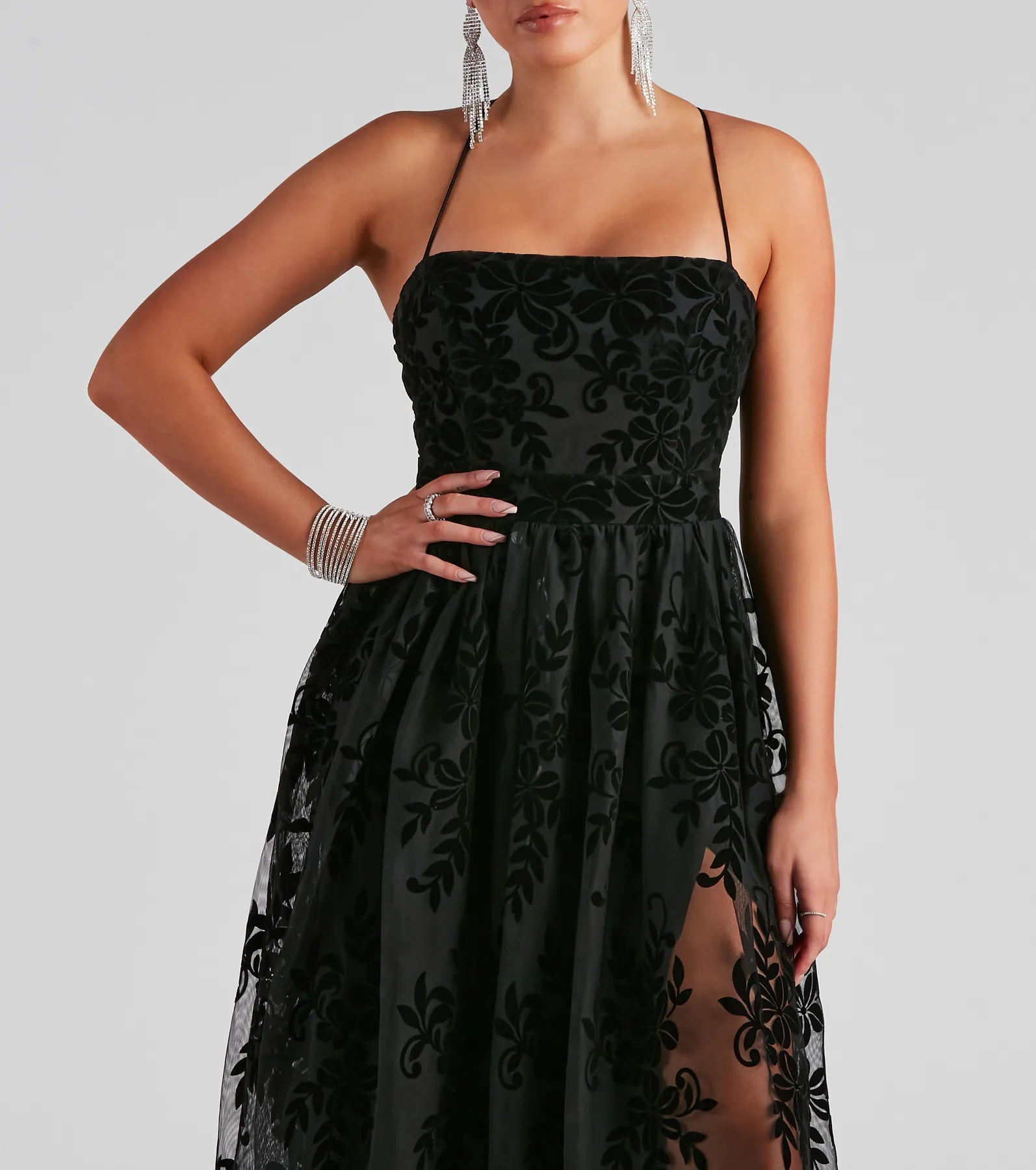 Desiree Formal Flocked Mesh Dress - BLACK