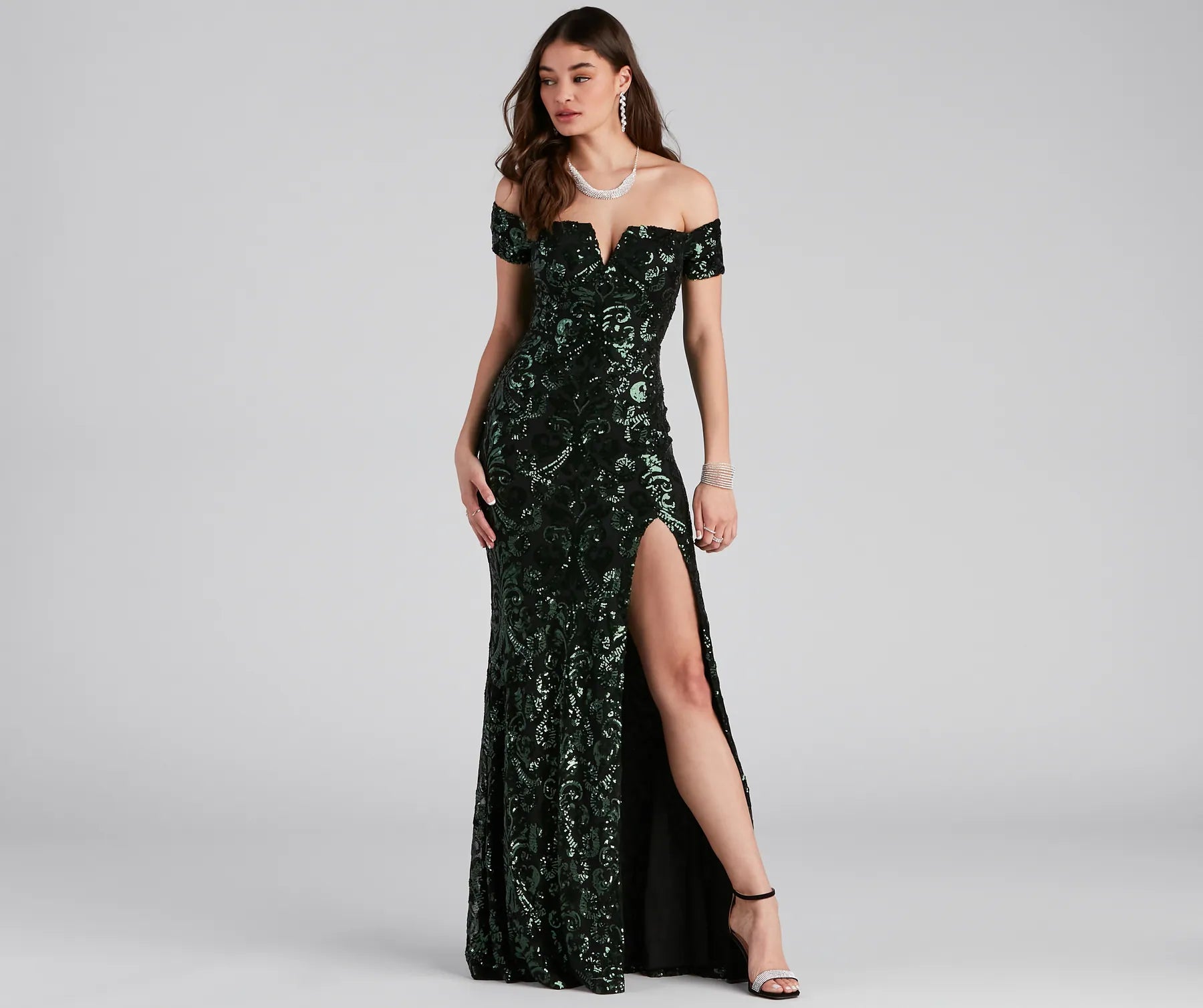 Carter Sequin Scroll A-Line Formal Dress - BLACK