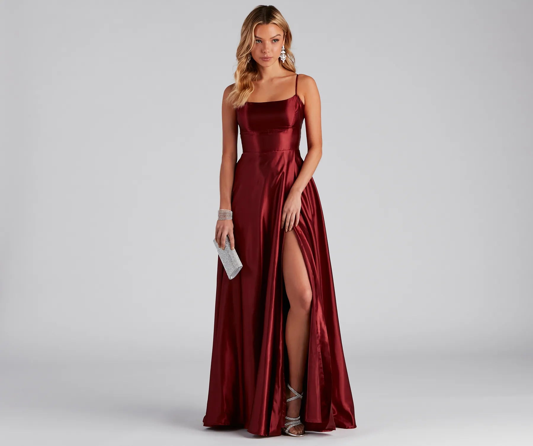 Lorella Satin Empire Lace Back Formal Dress - BURGUNDY