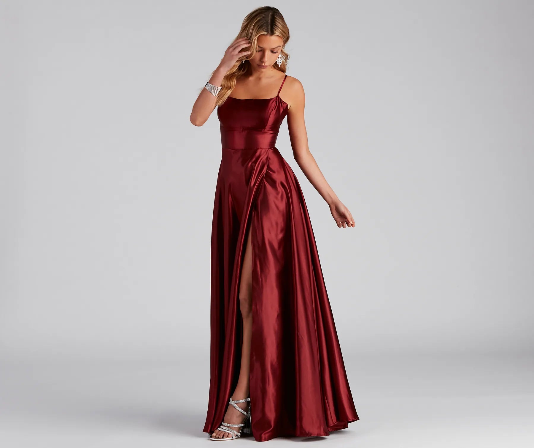 Lorella Satin Empire Lace Back Formal Dress - BURGUNDY