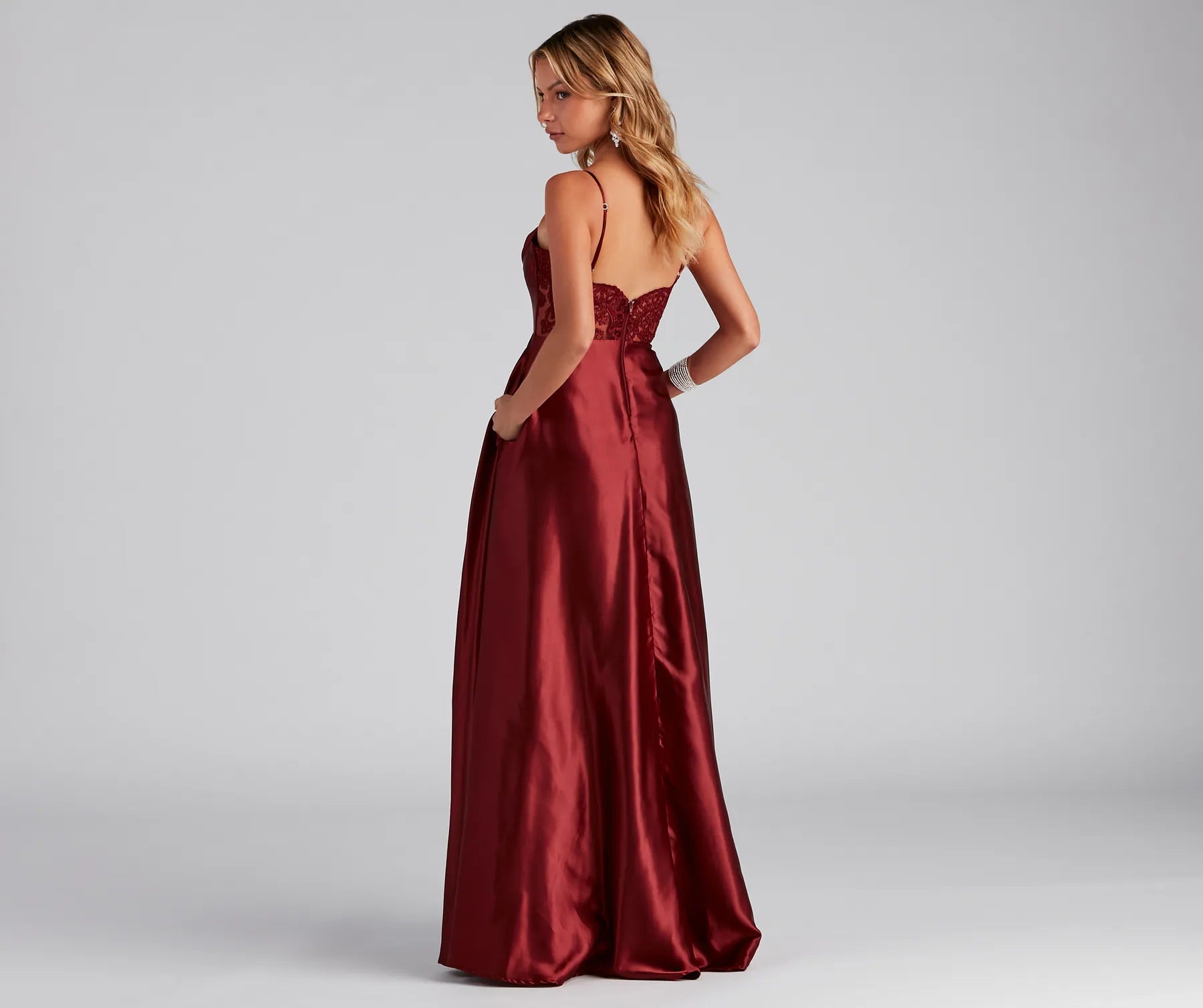 Lorella Satin Empire Lace Back Formal Dress - BURGUNDY