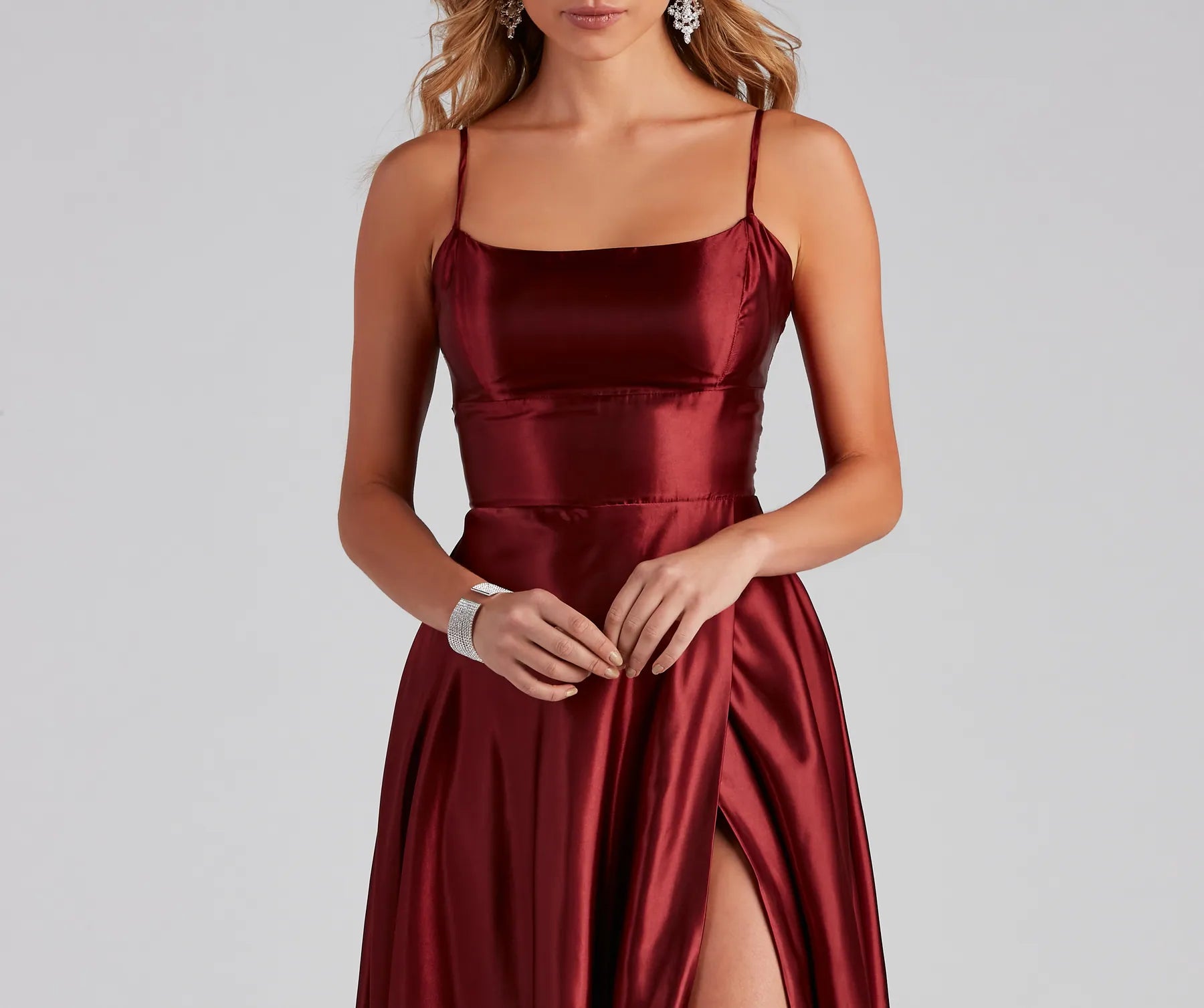 Lorella Satin Empire Lace Back Formal Dress - BURGUNDY