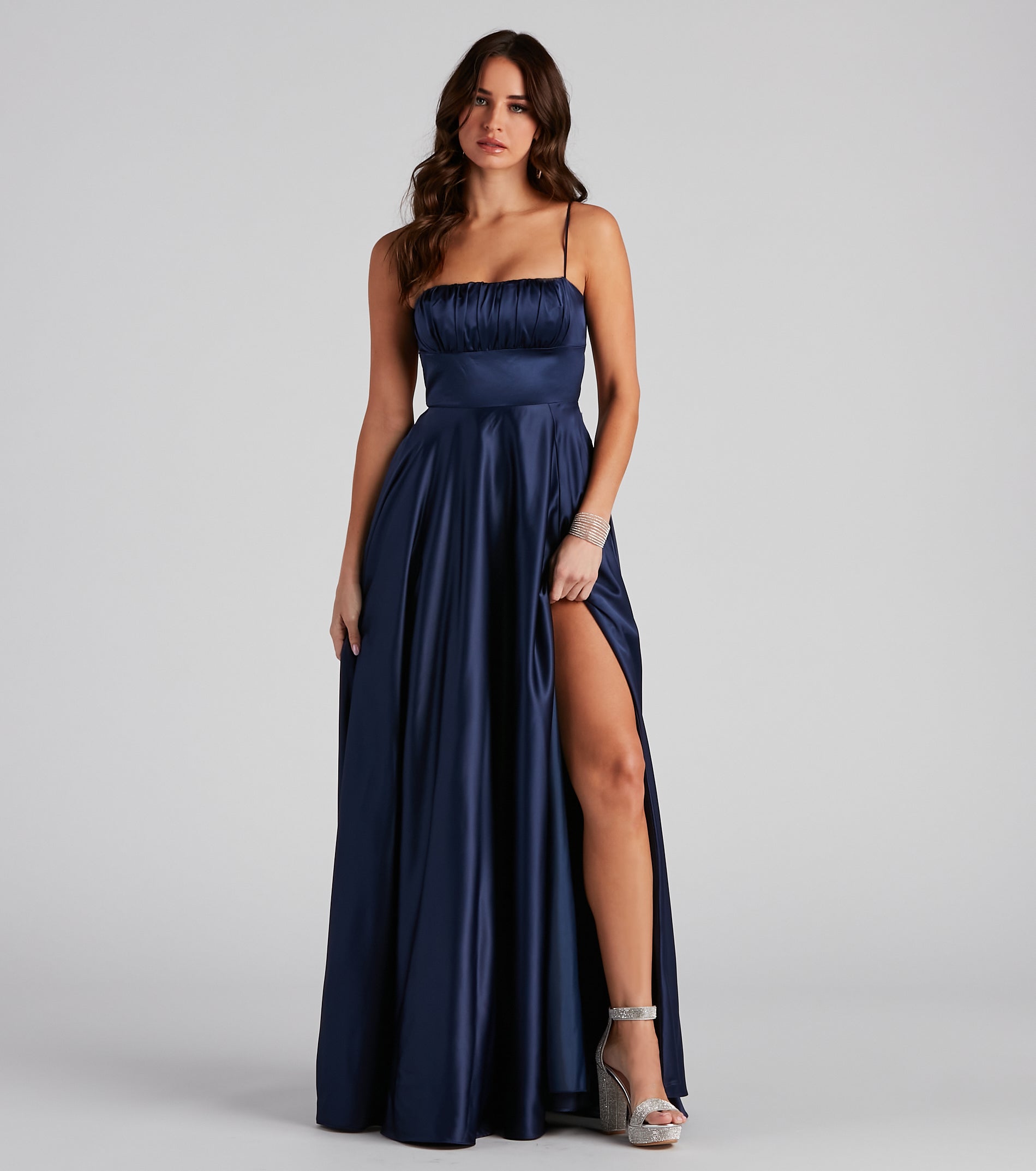 Jenny A-Line Satin Formal Dress - NAVY