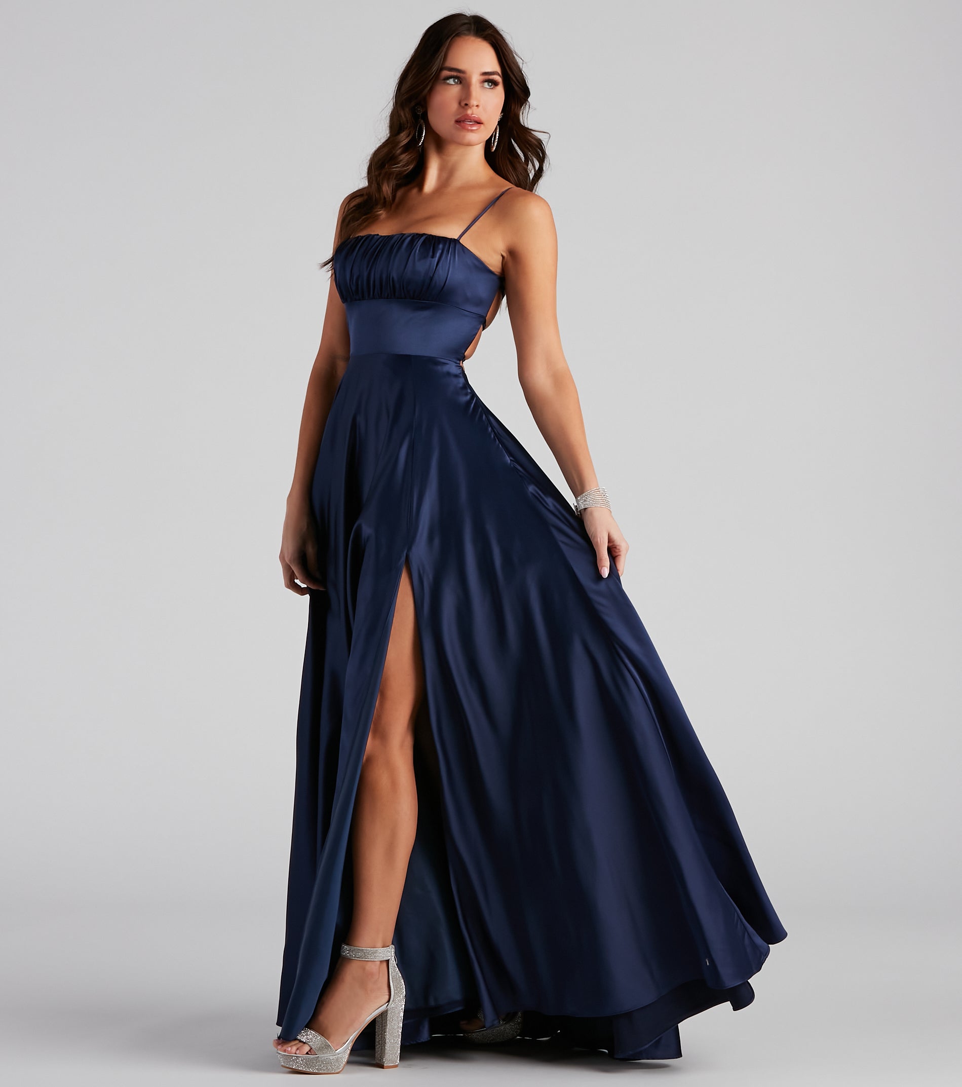 Jenny A-Line Satin Formal Dress - NAVY