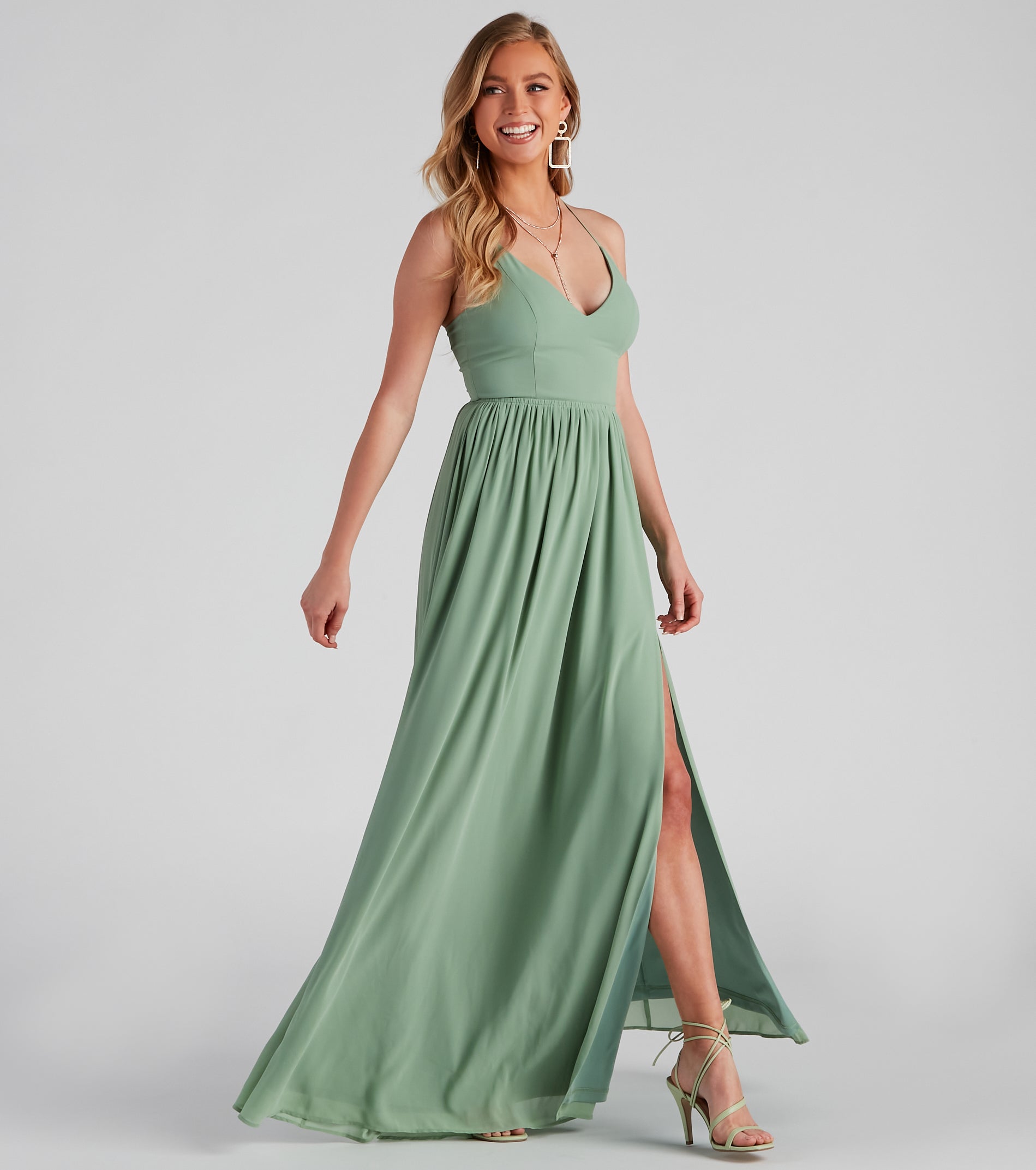 Shailene Lace Back Chiffon Formal Dress - SAGE