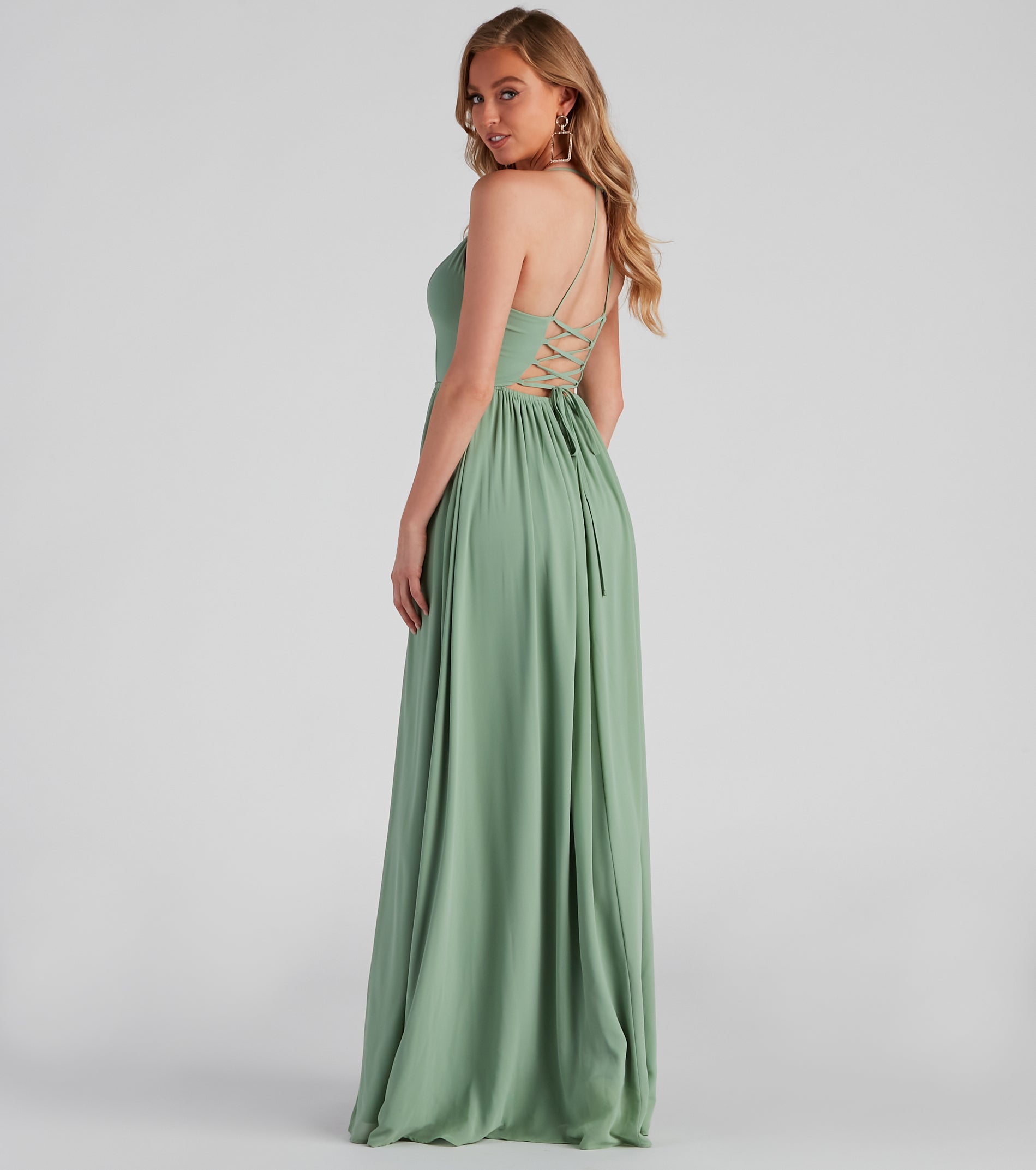 Shailene Lace Back Chiffon Formal Dress - SAGE
