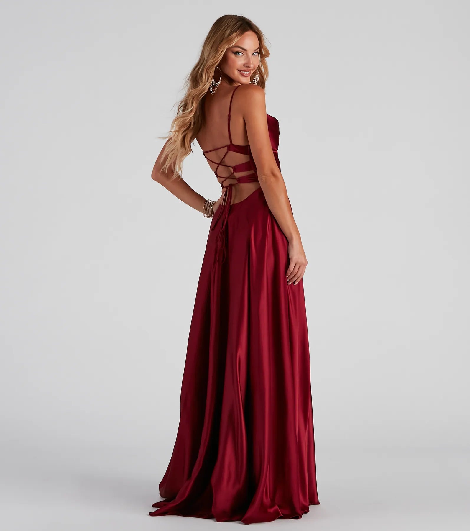 Winslow Formal Satin Lace-Up Dress - WINE