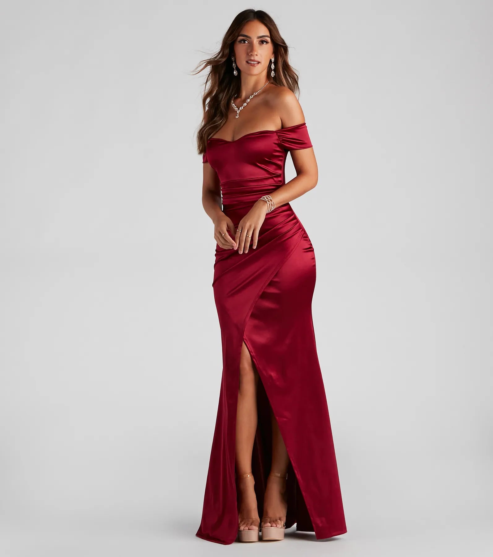 Valencia Formal Off-The-Shoulder Wrap Dress - BURGUNDY