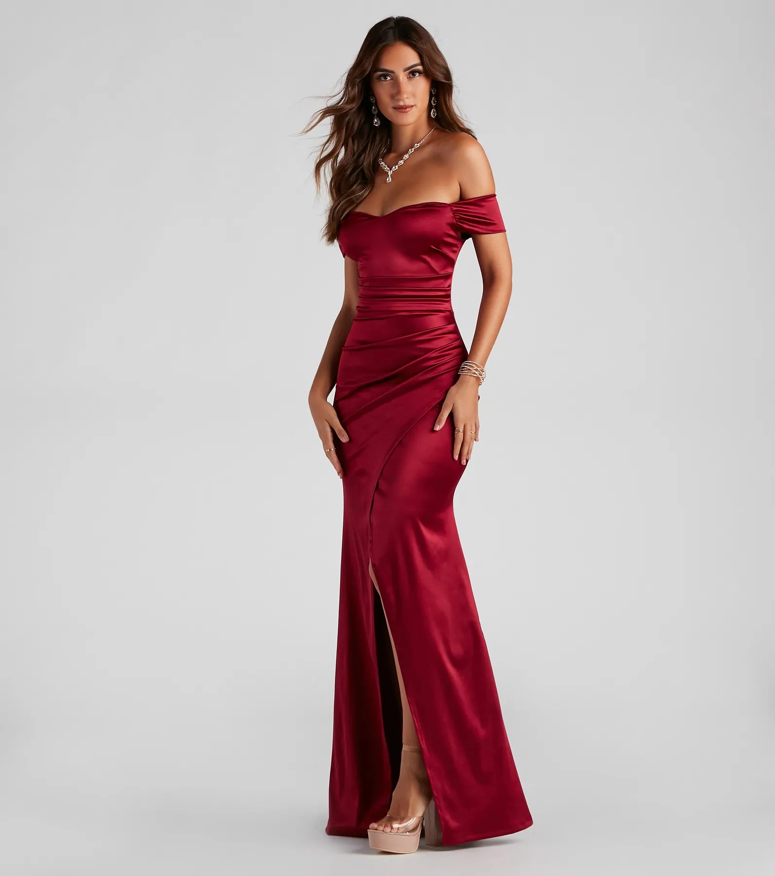 Valencia Formal Off-The-Shoulder Wrap Dress - BURGUNDY