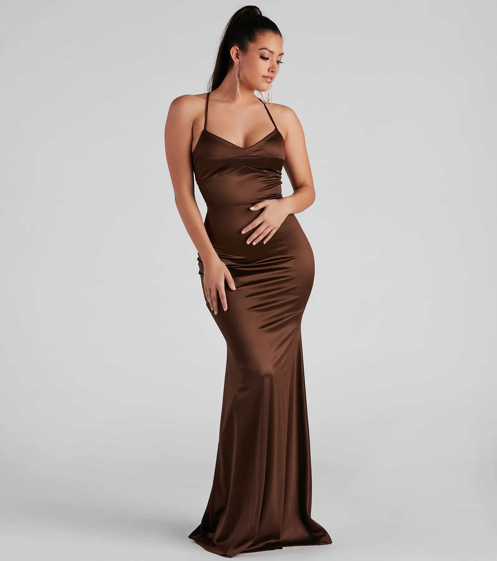 Marsha Formal Satin Tie Back Dress - BROWN