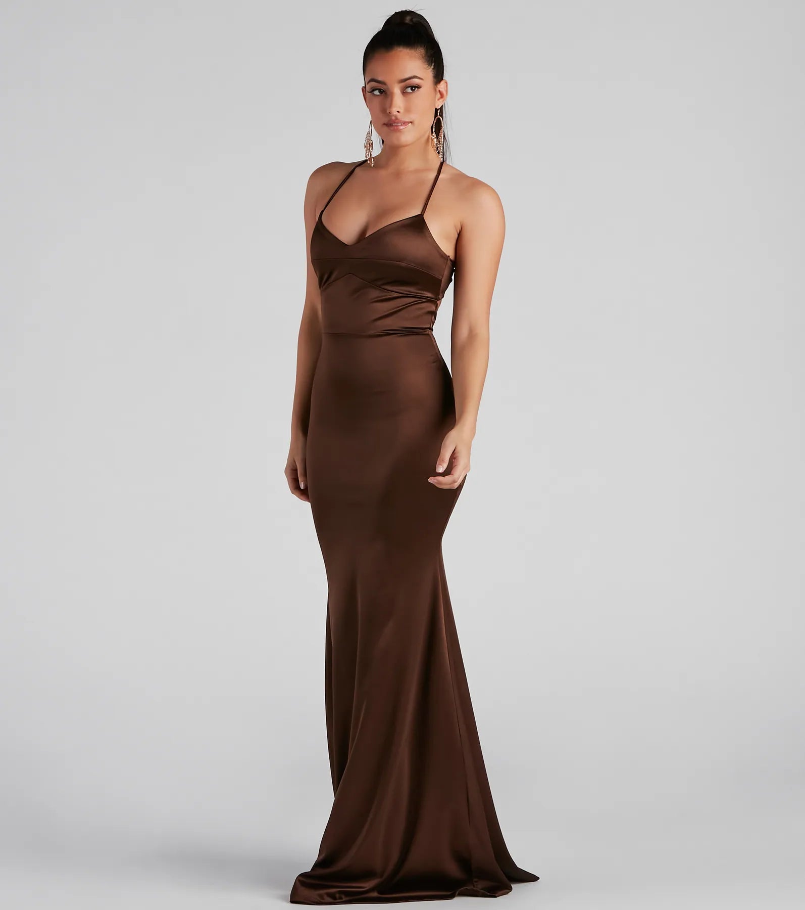Marsha Formal Satin Tie Back Dress - BROWN