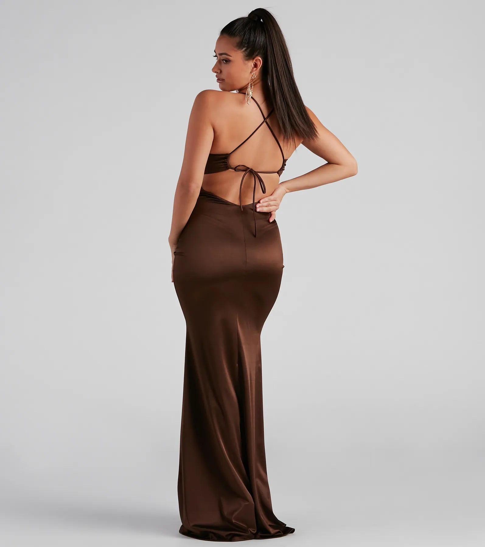 Marsha Formal Satin Tie Back Dress - BROWN