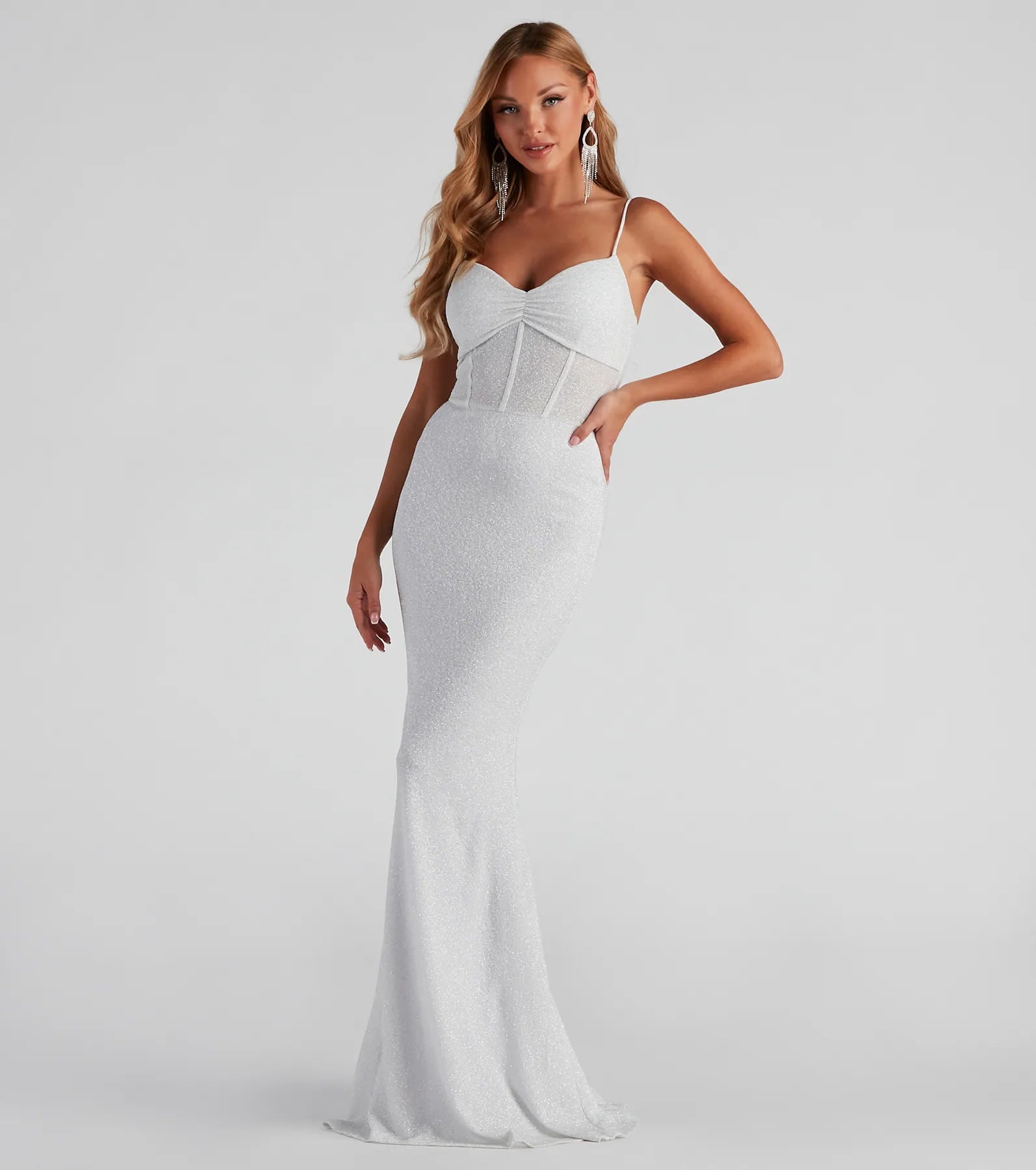 Kelsie Formal Glitter Mermaid Dress - WHITE