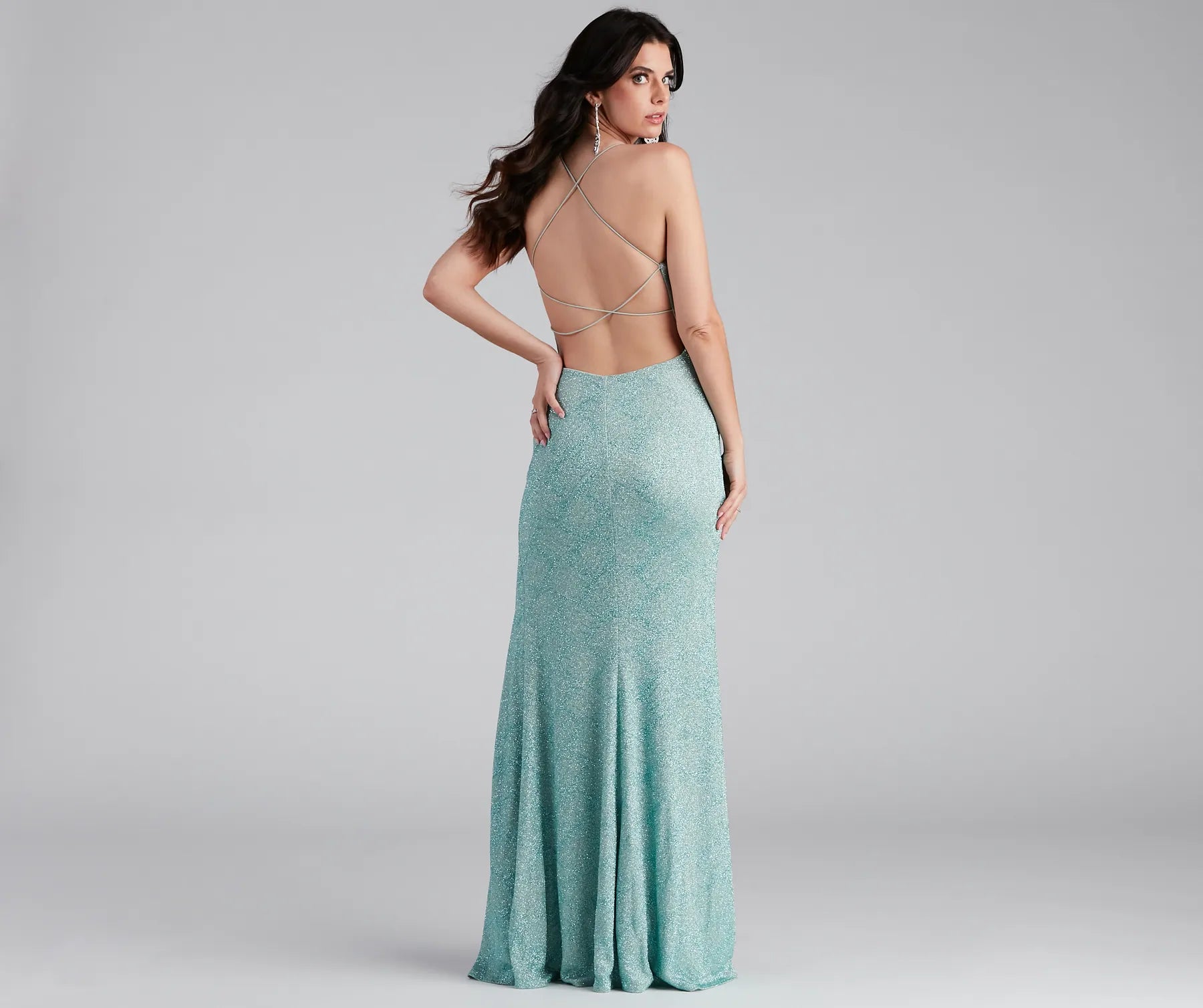 Doria Formal High Slit Glitter Dress - SEA FOAM