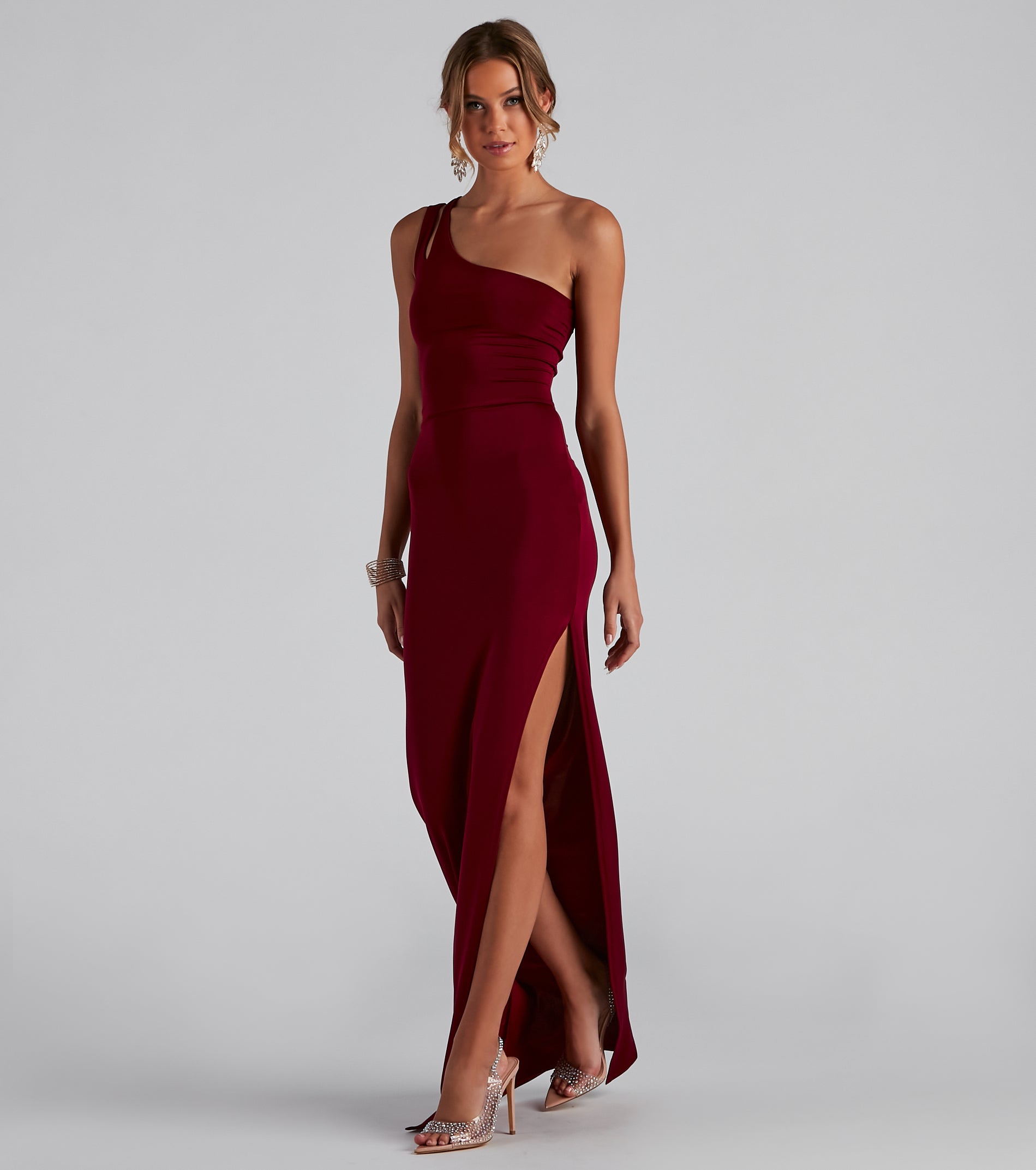 Koami Formal One Shoulder Dress - BURGUNDY