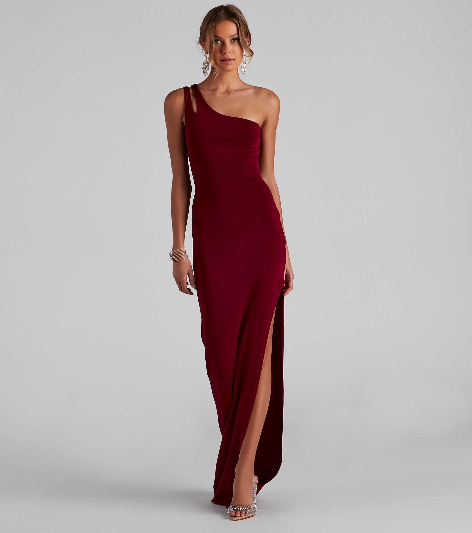 Koami Formal One Shoulder Dress - BURGUNDY