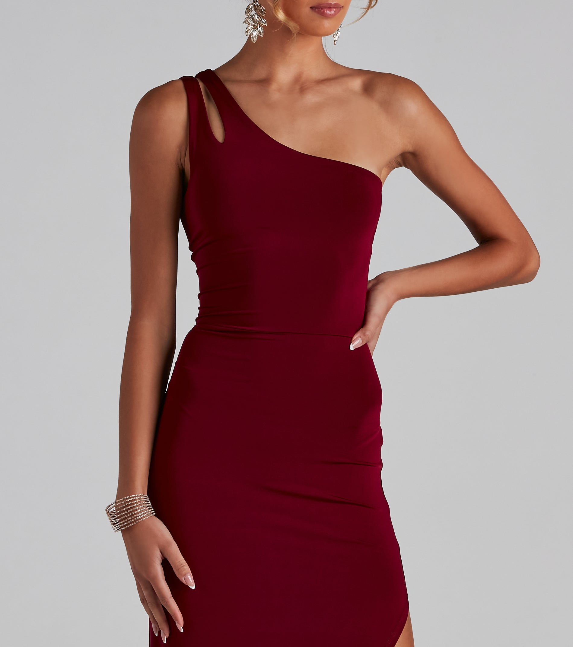 Koami Formal One Shoulder Dress - BURGUNDY