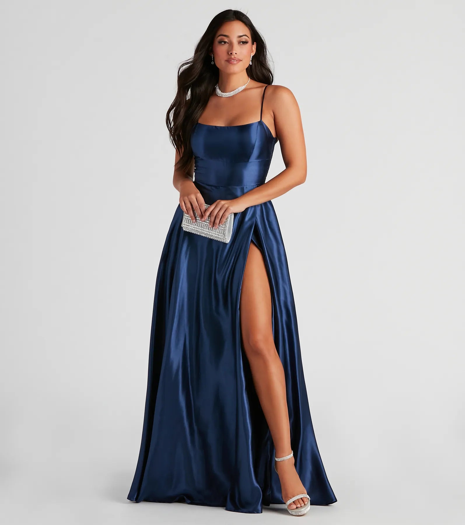 Lorella Satin Empire Lace Back Formal Dress - NAVY