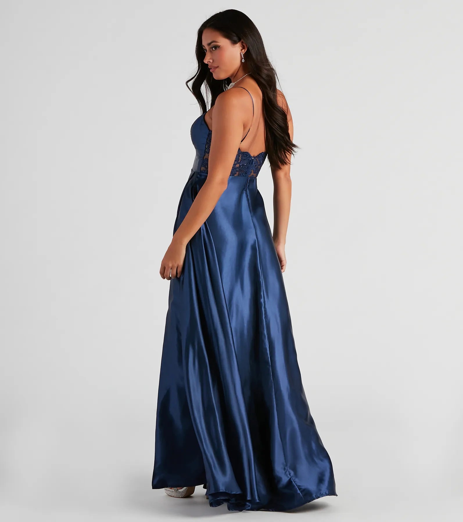 Lorella Satin Empire Lace Back Formal Dress - NAVY