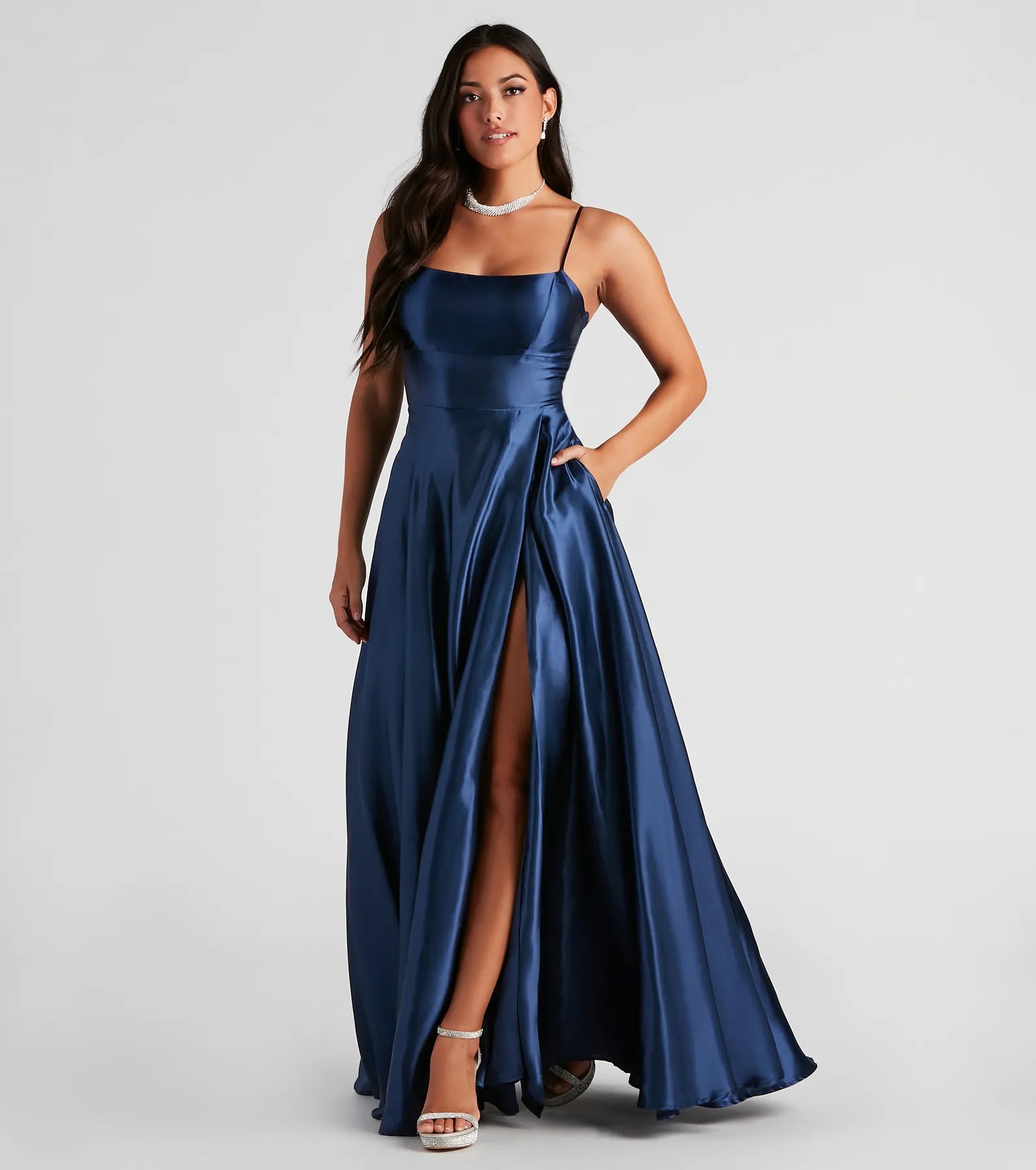 Lorella Satin Empire Lace Back Formal Dress - NAVY