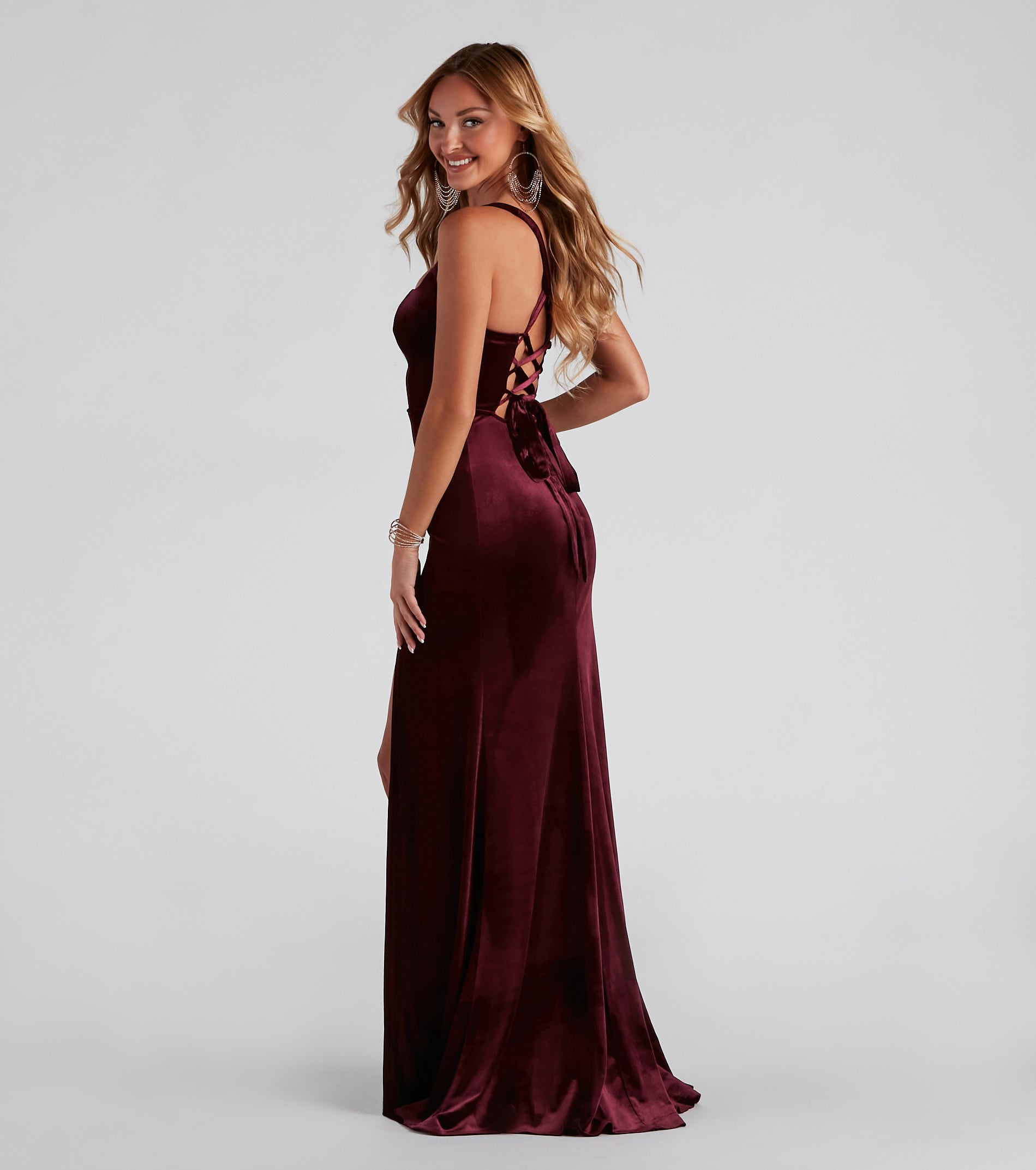 Christina Lace-Up Back Velvet Dress - BURGUNDY-2