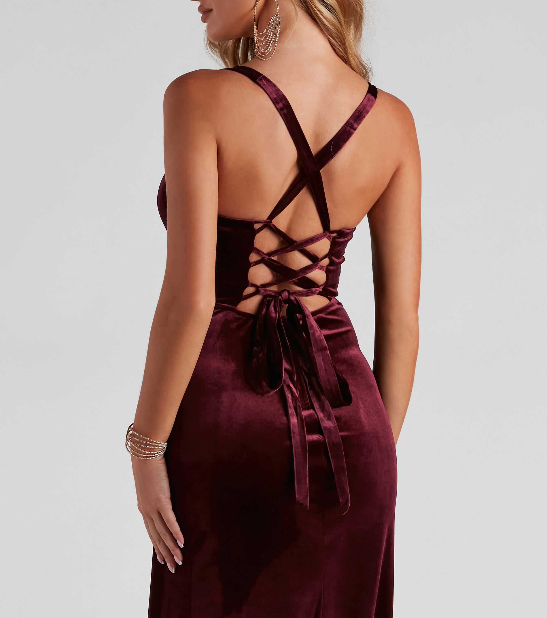 Christina Lace-Up Back Velvet Dress - BURGUNDY-2