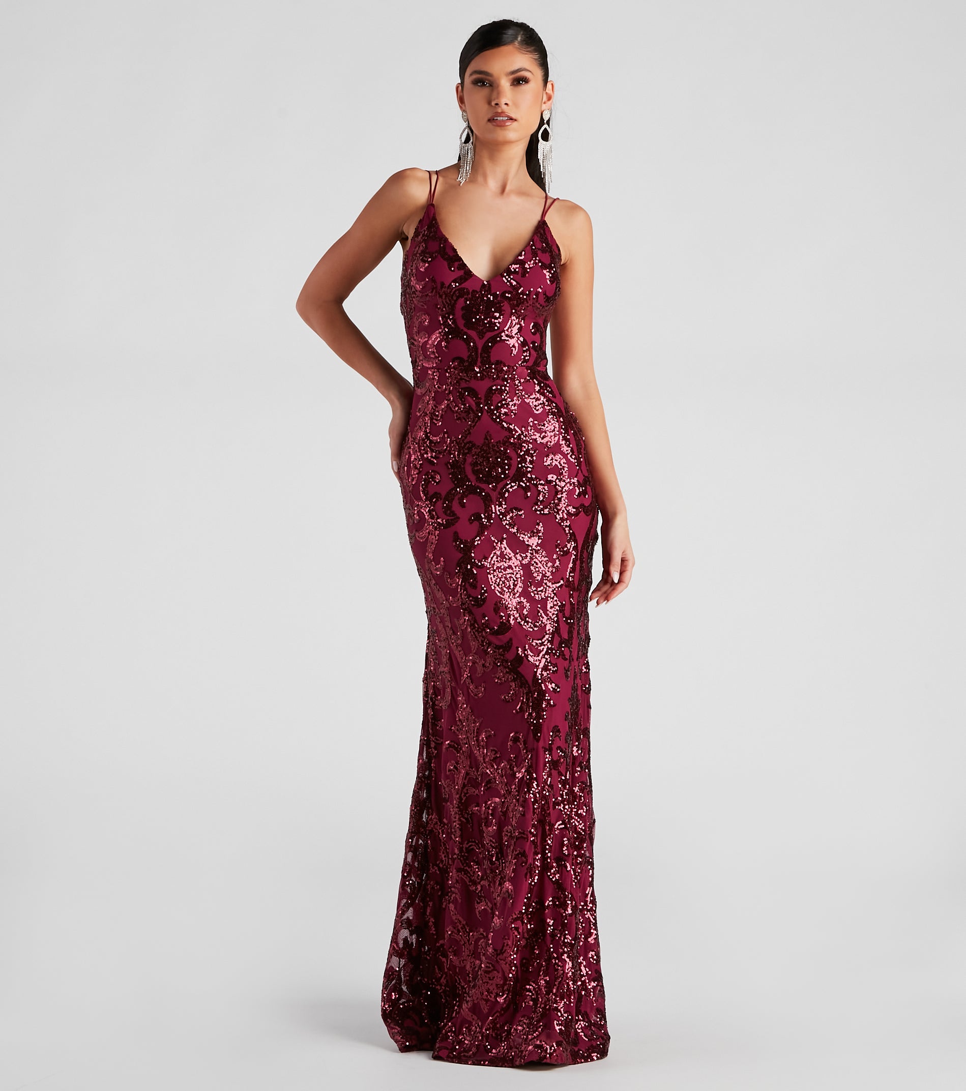 Lila Formal Open-Back Sequin Mermaid Dress - BURGUNDY