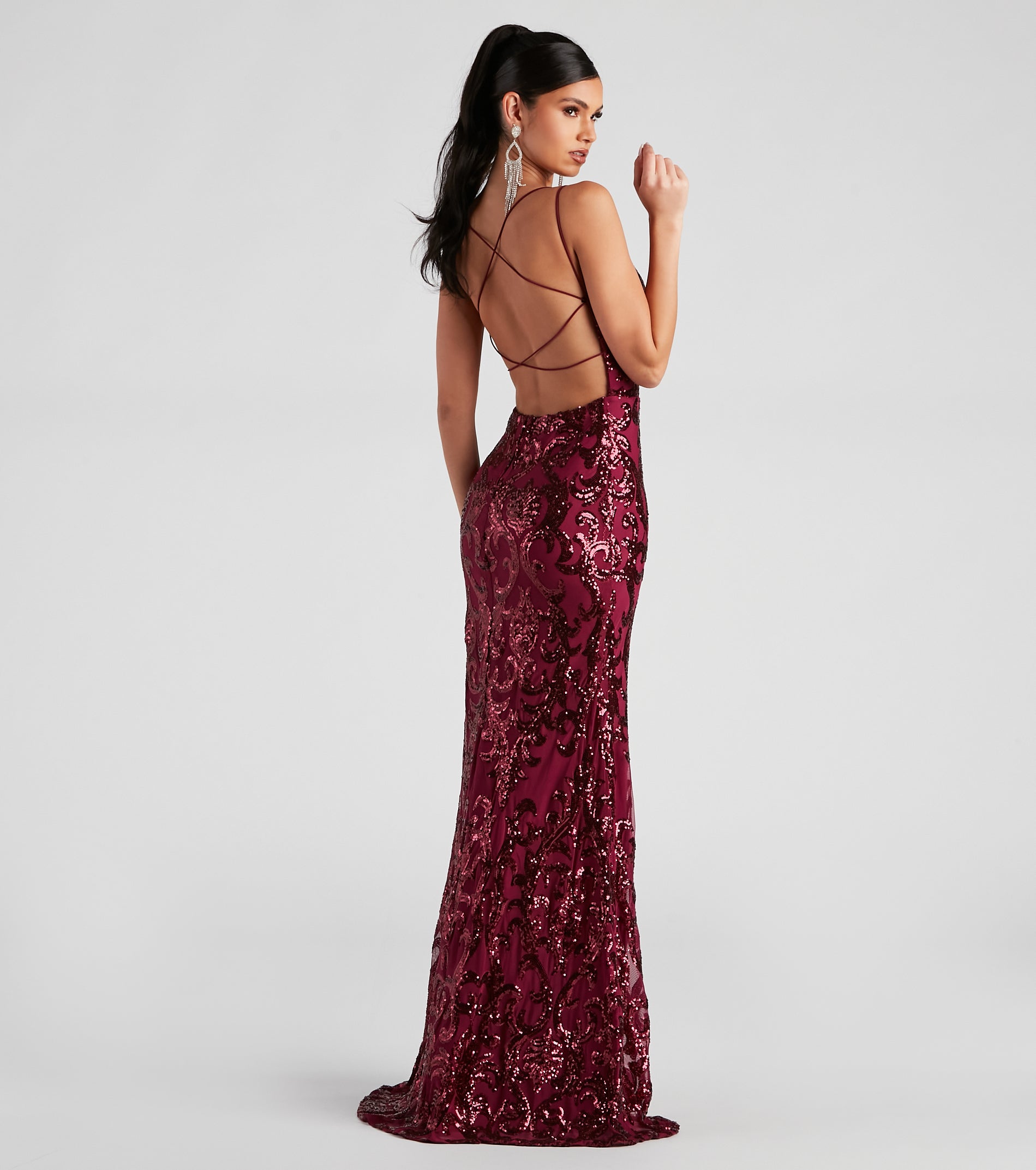 Lila Formal Open-Back Sequin Mermaid Dress - BURGUNDY