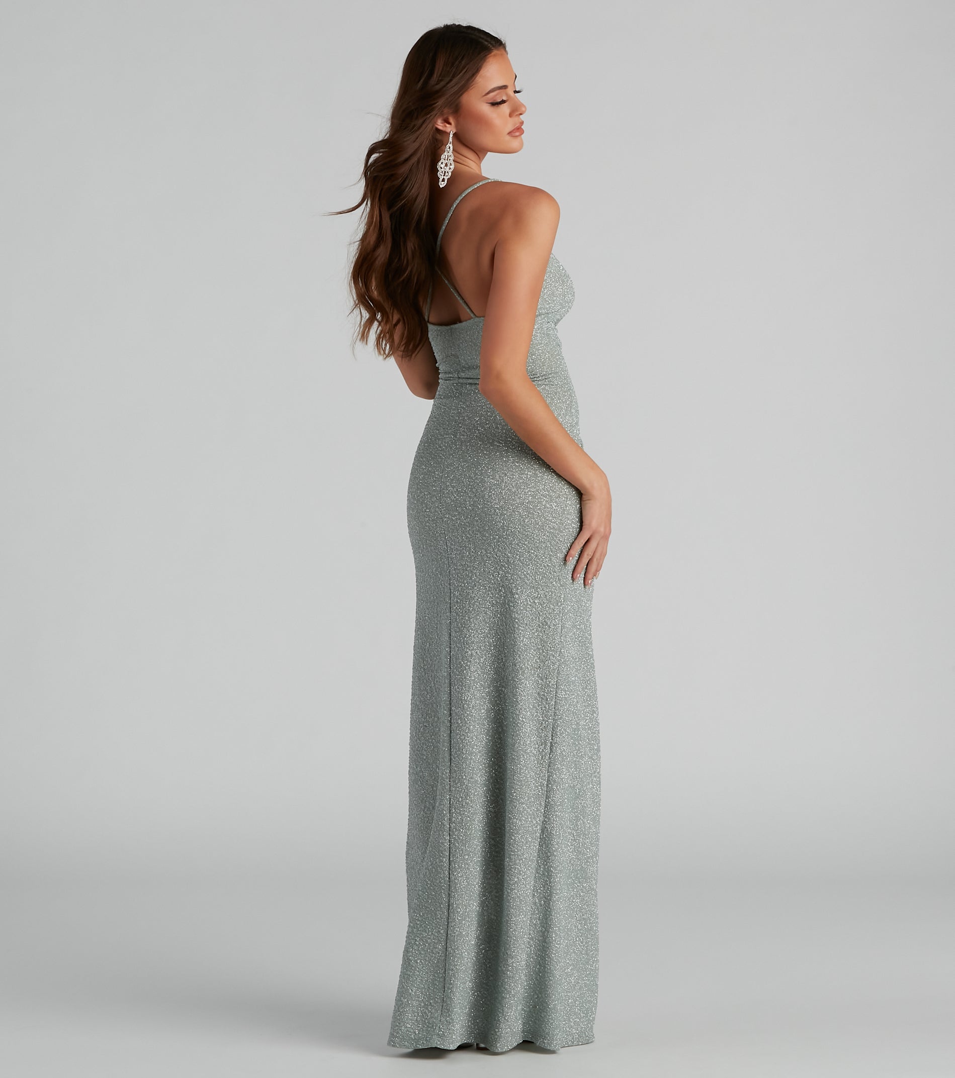 Leann Formal High Slit Glitter Dress - SAGE