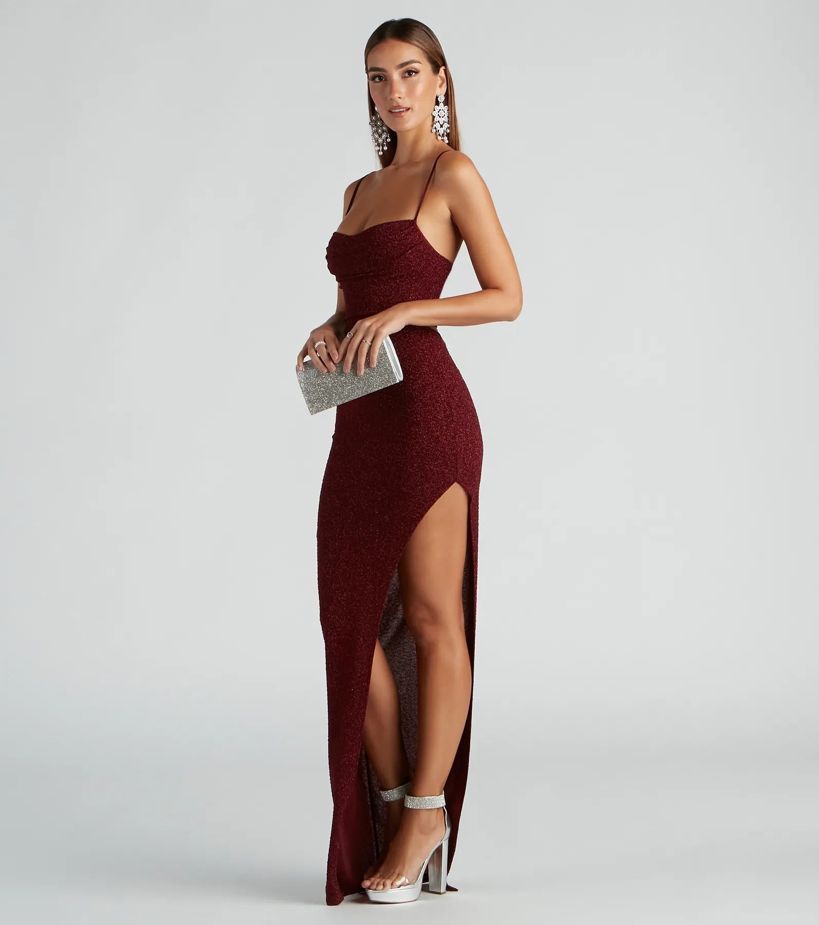 Gloria Formal Glitter Long Dress - WINE