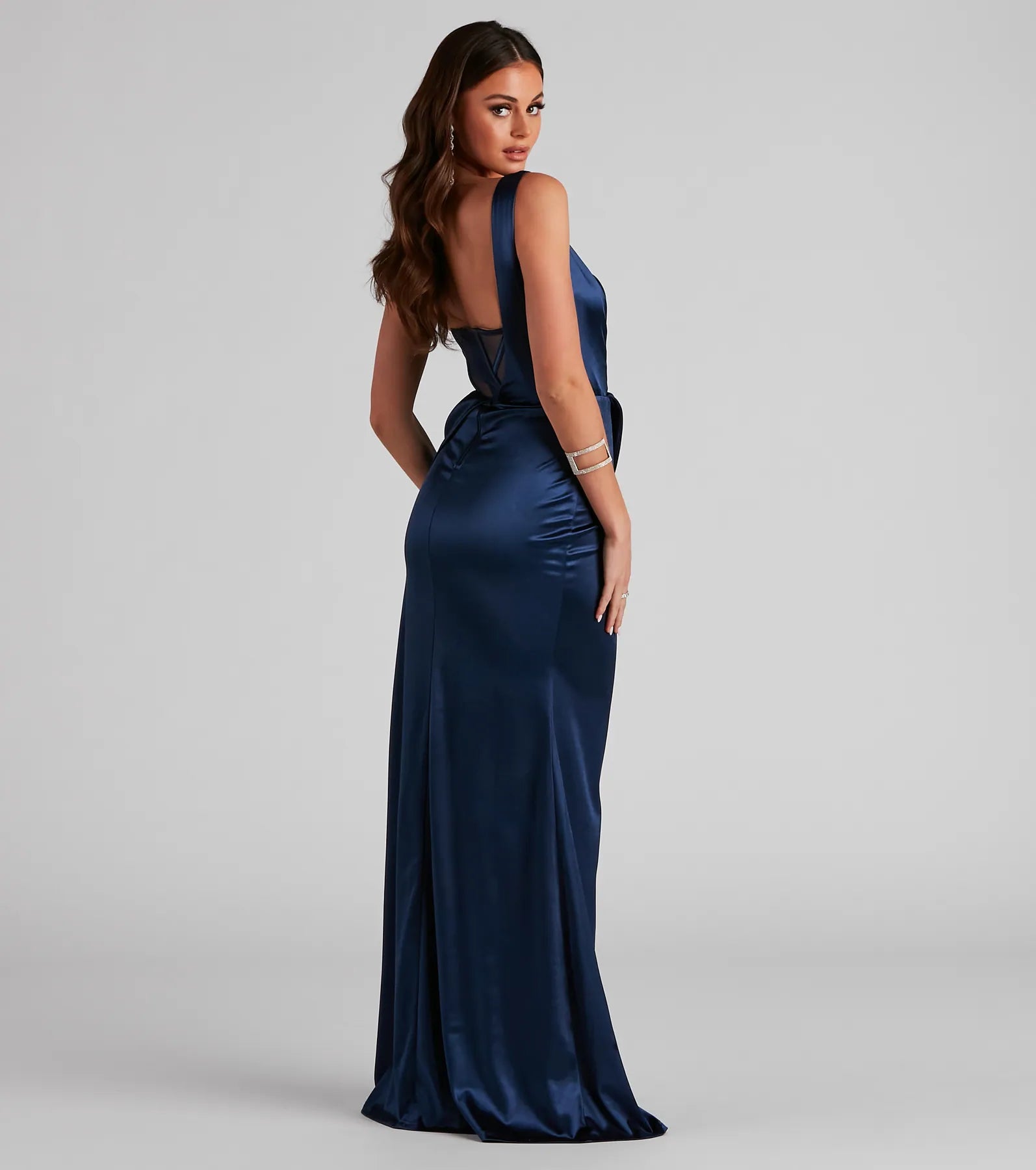 Lo Formal One-Shoulder Satin Corset Dress - NAVY