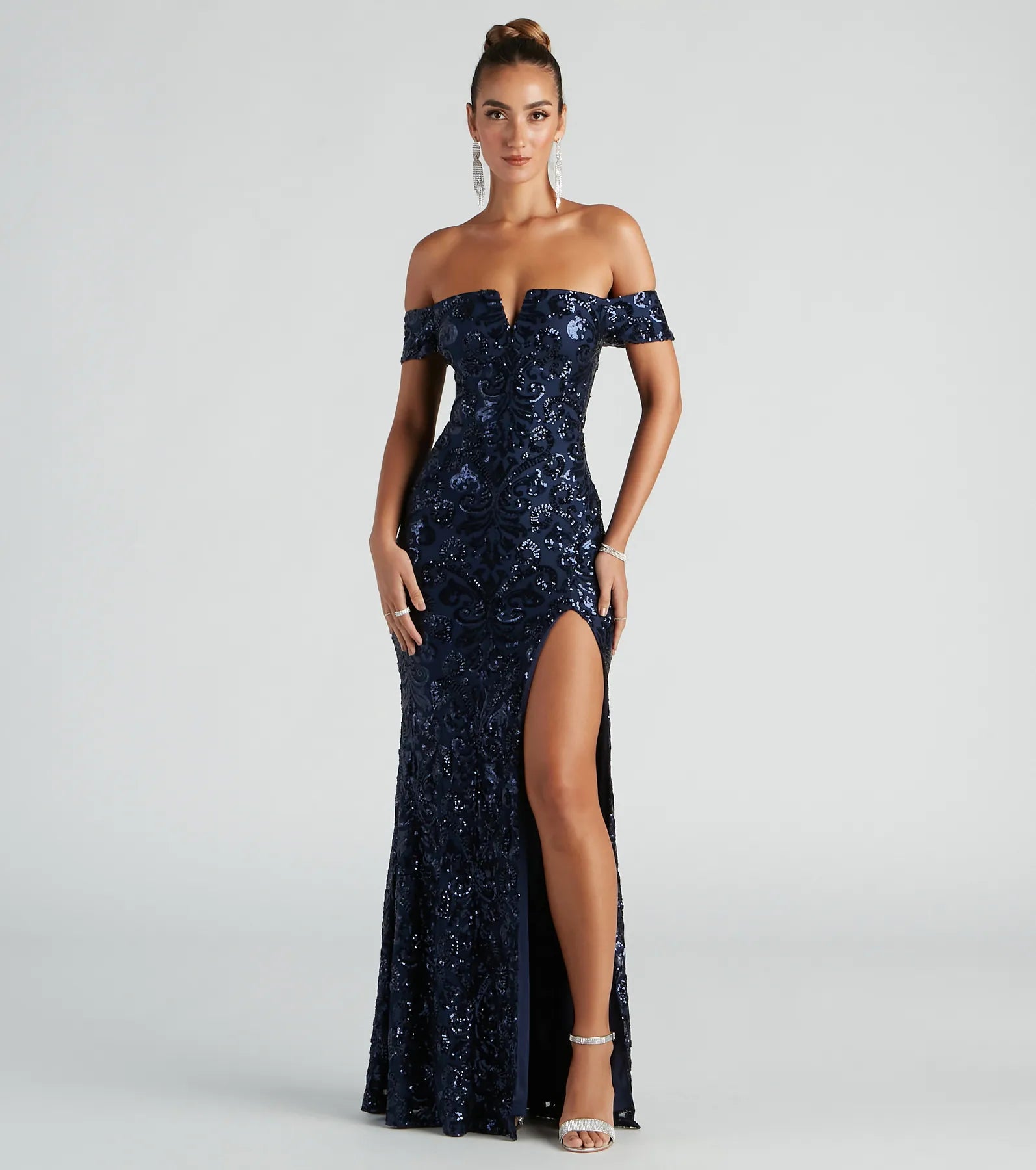 Carter Sequin Scroll A-Line Formal Dress - NAVY