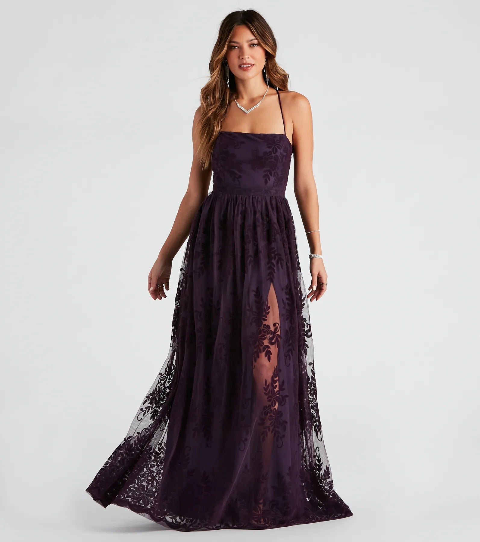 Desiree Formal Flocked Mesh Dress - PLUM