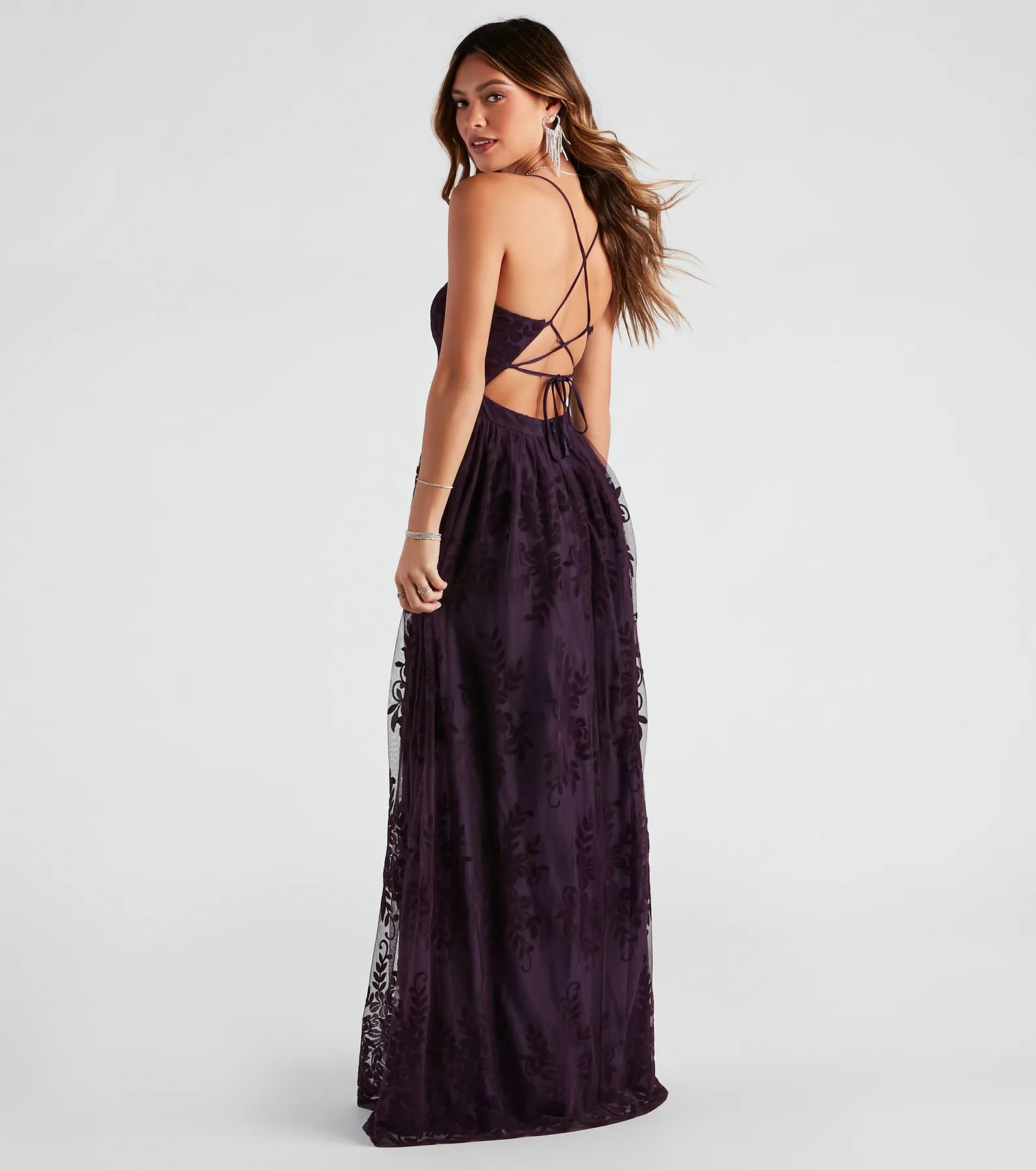 Desiree Formal Flocked Mesh Dress - PLUM