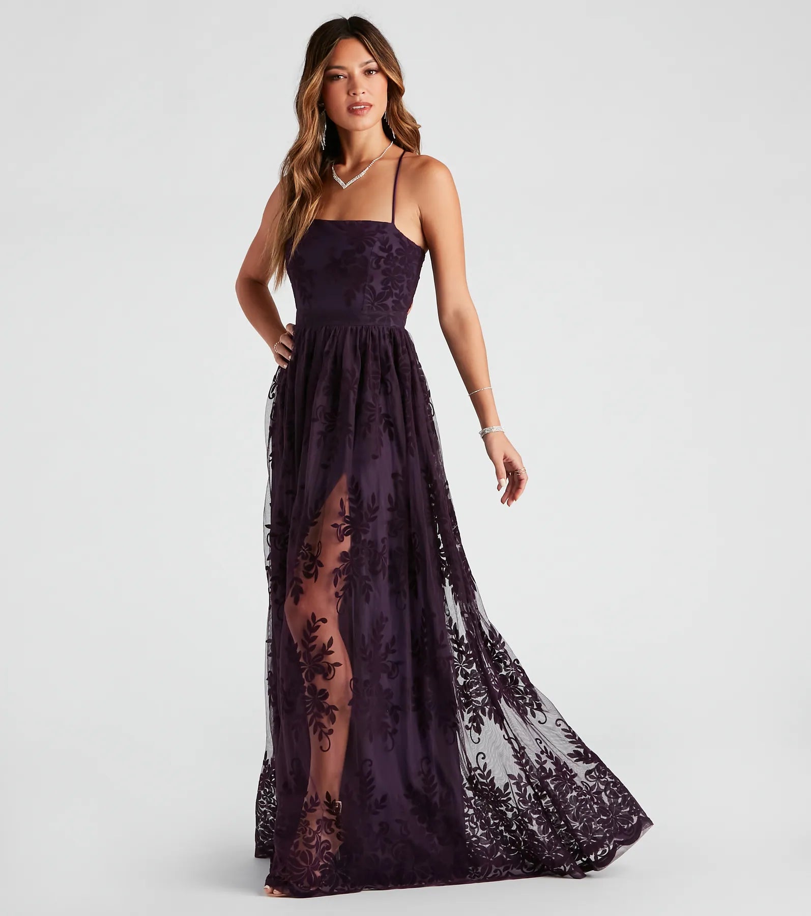 Desiree Formal Flocked Mesh Dress - PLUM
