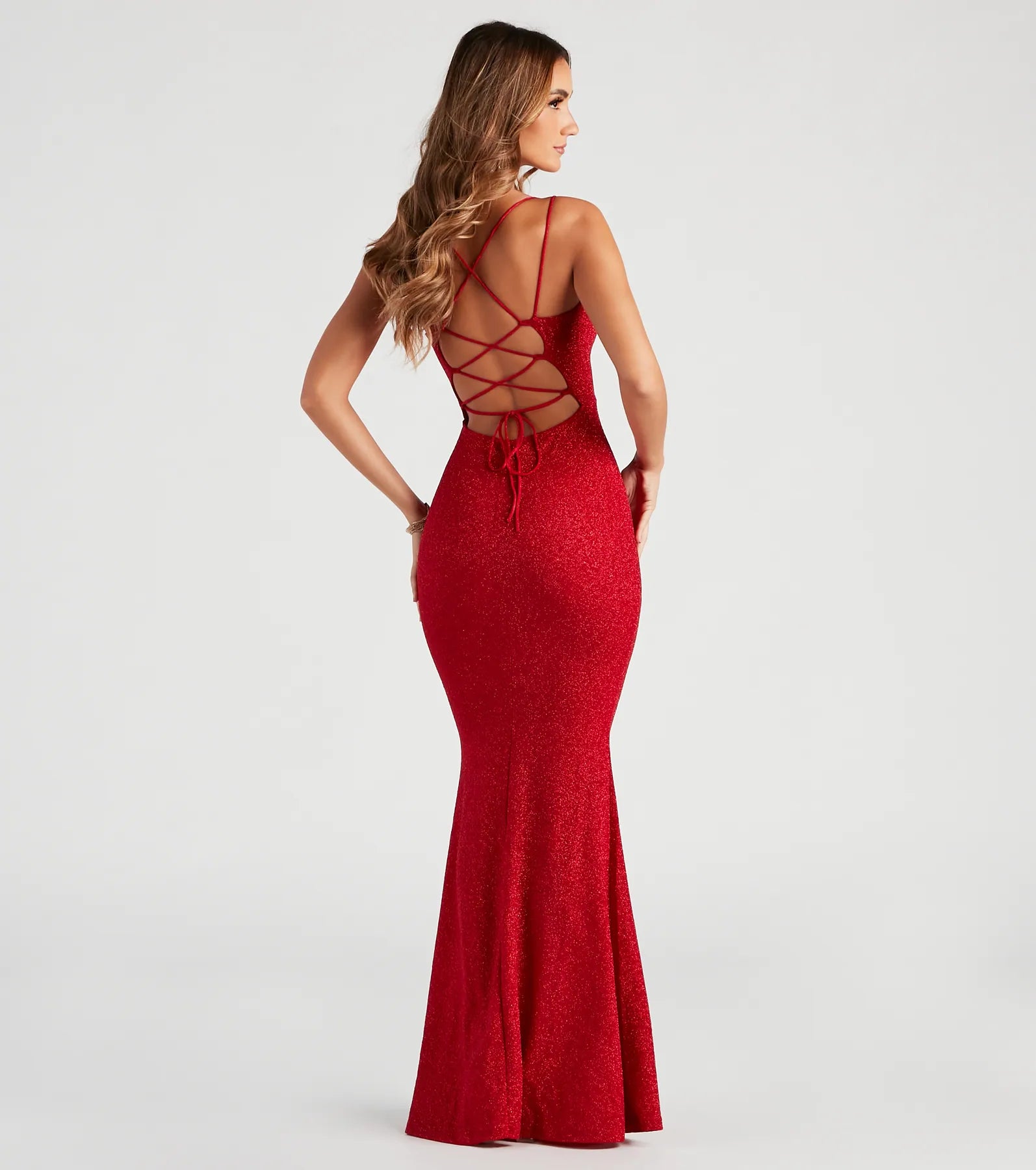 Rachel Formal Glitter Lace-Up Dress - RED