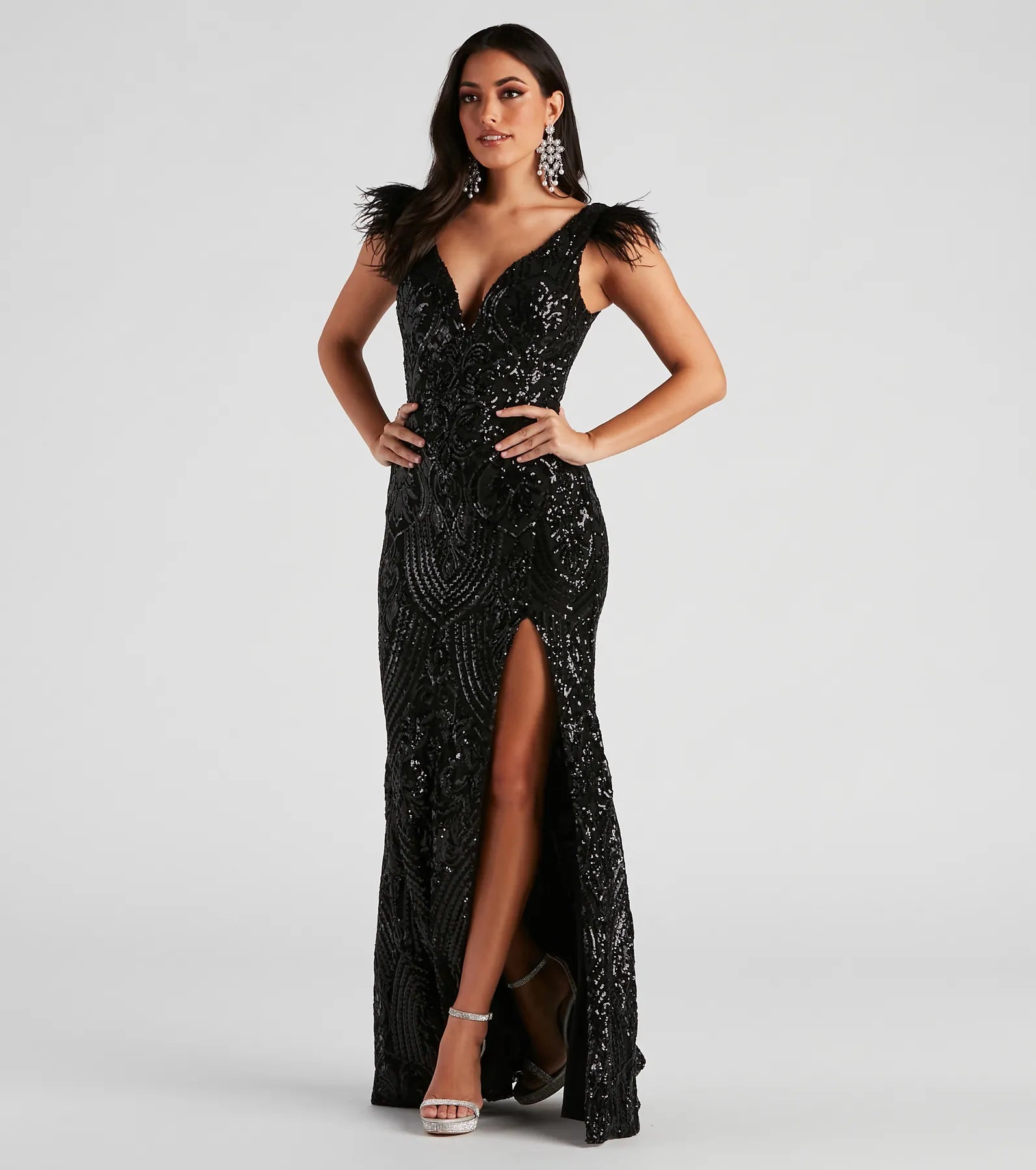 Elle Formal Sequin Feather Long Dress - BLACK