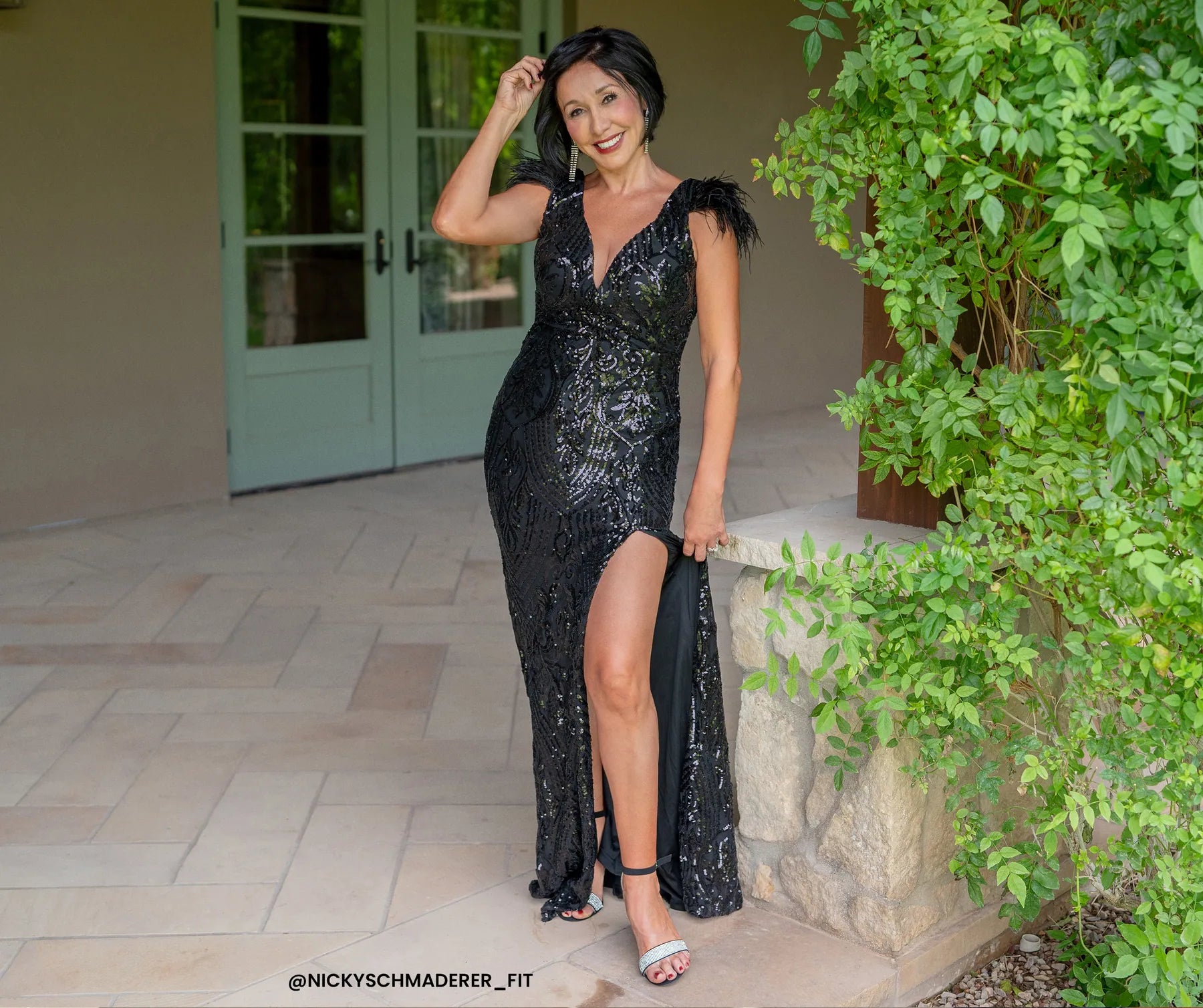Elle Formal Sequin Feather Long Dress - BLACK